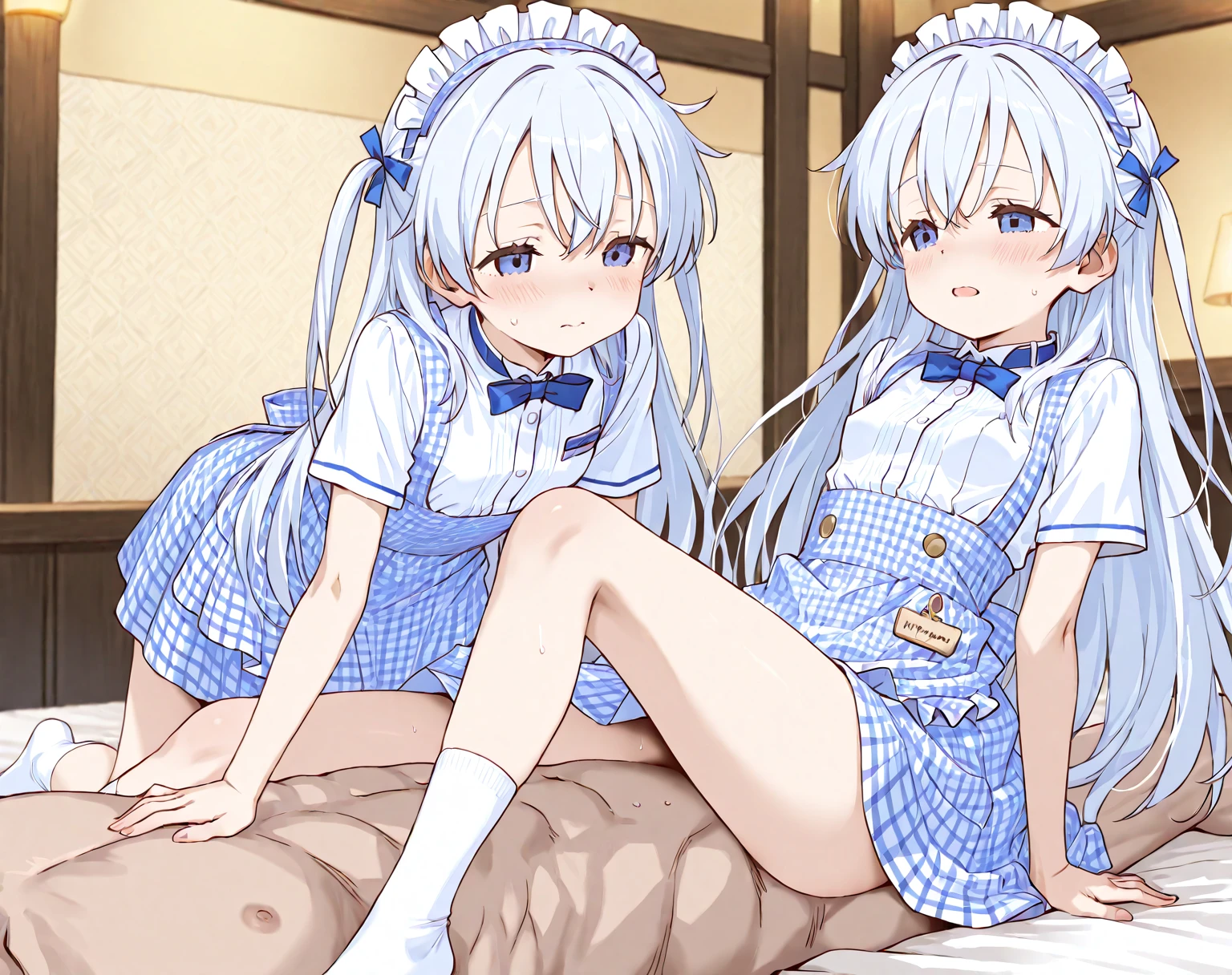 one person、、Kindergarteners、、、、Short Twin Tails、Headband、Waist ribbon、Gray Hair、Magical Girl Cosplay、Blue and white theme、A heavy blue and white dress、race、Frills、Puffy short sleeves、Sit with your legs apart、Pussy、Thick white love juice、Drip a large amount of love juice、blush、Very embarrassed look、See-through clothing、Masturbation、masturbation behavior、Picking Pussy、Big Breasts、Massage the breasts、Sweat、orgasm、Climax、Cute patterned underwear、Low - Angle、Nipples show through the top of clothes、Lift your legs