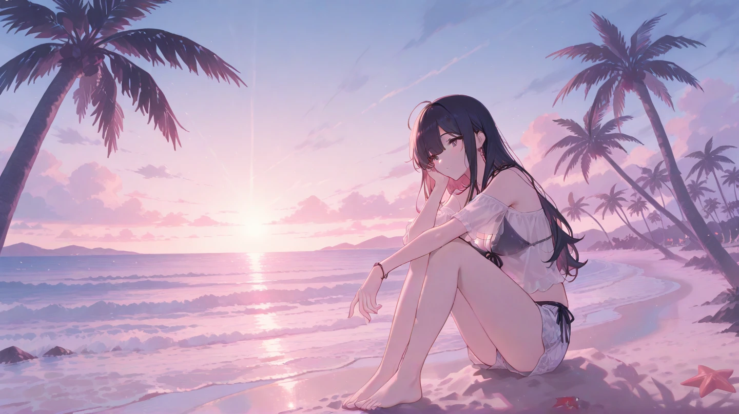 score_9,score_8_up,score_7_up, hadrian, 1girl kneeling on beach, sunset,silhouette,long hair,bikini inside long shirt