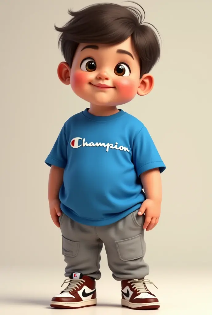 Little chubby white boy with a blue champion shirt, grey Nike pants, and brown and white Jordan 1 sneakers 