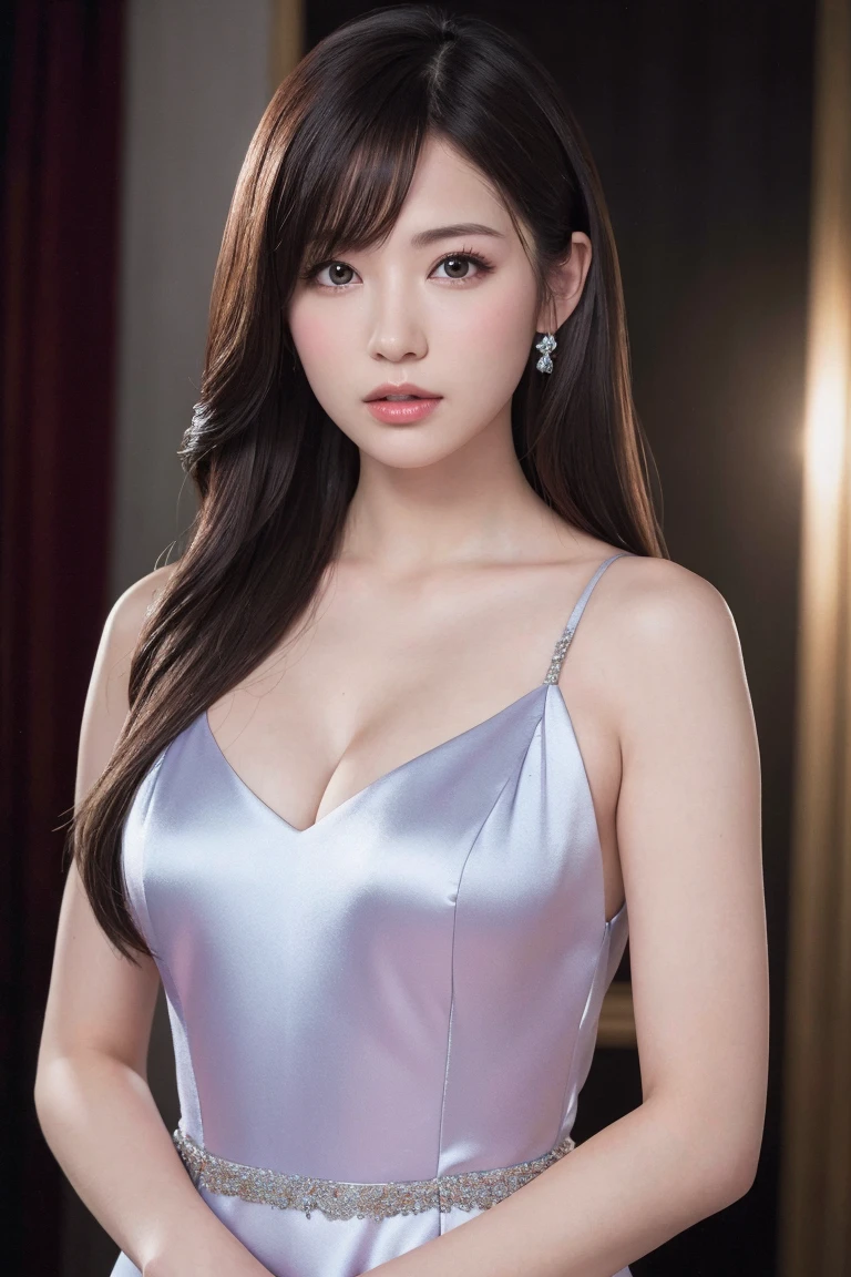 White sequin dress、Wear beautiful jewelry、Full Body View、Ultra-high resolution、Powerful Images、8K Slender Woman、Brown hair ponytail、Smiling broadly at the camera、Three star hotel lounge background、