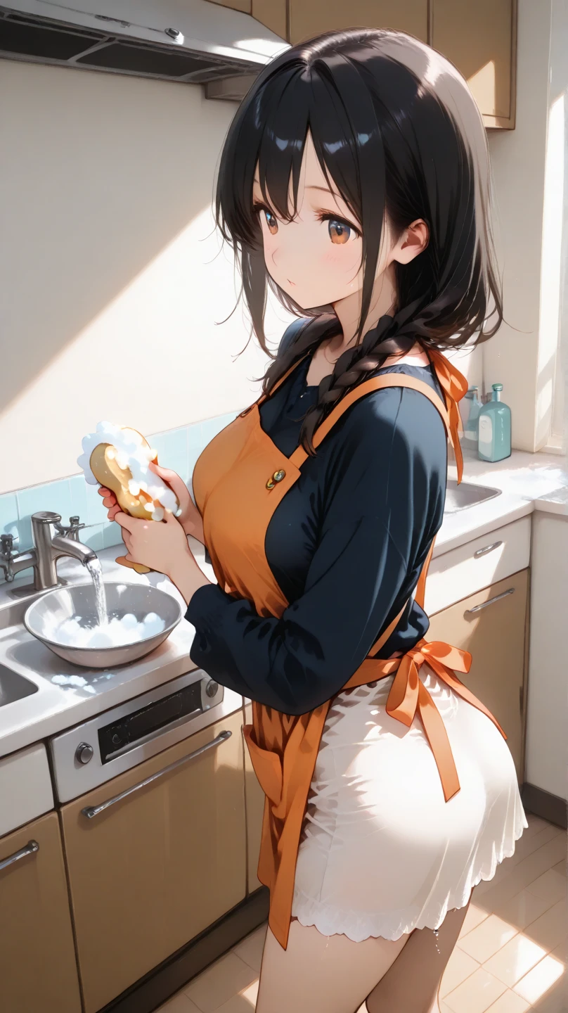 Masterpiece, 1girl, chubby mother with brown hair and deep shiny blue eyes that are attractive, wearing a sweatshirt with an apron and short shorts that show her thick thighs, medium sized boobs, 4K quality, ultra detailed, cute face, gentle smile, blush, Short Hair mixups, earrings, gold necklaces, kitchen background