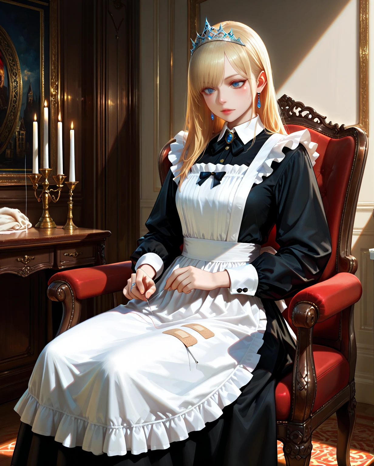 Blonde, anime, maid, sitting on table,