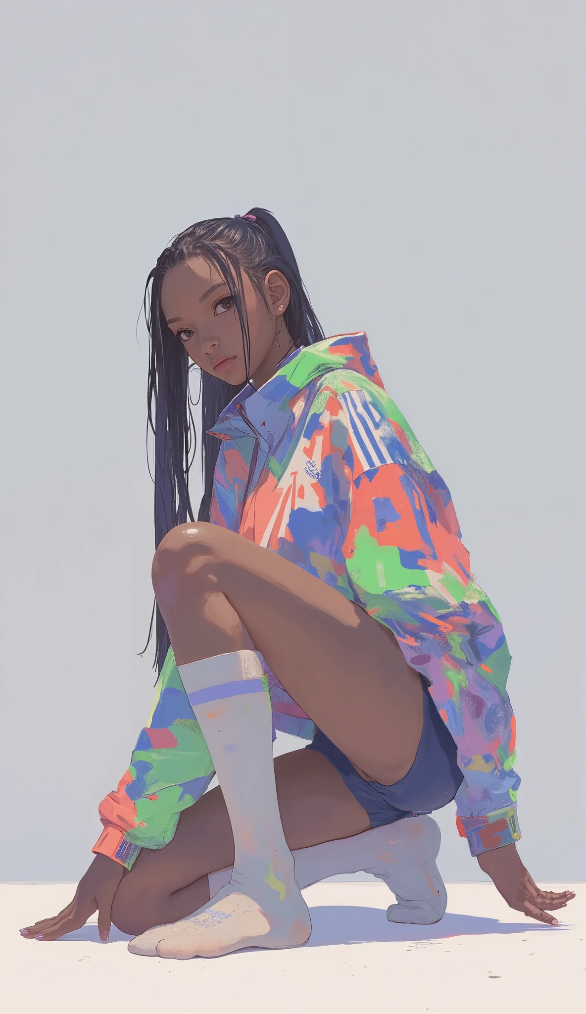 The woman poses kneeling on the ground against a plain background. She's wearing a colorful jacket adorned with abstract patterns that combine vibrant colors, The , Blue, Green. The jacket has tripes that are Adidas's signature on the sleeve. Her outfit includes navy Blue briefs and knee-high socks which are white with red and Blue stripes near the top, complements her athletic look. The woman wears boldly designed sneakers, dark hues are combined with bright yellow accents. Her Long, black hair is styled in a high ponytail, It exudes a sporty vibe. the lighting is soft, The outfit and body lines are brought clarity and focus, has no shadows to obstruct the bright areas, Minimalist Background, Exude a lively and energetic atmosphere.