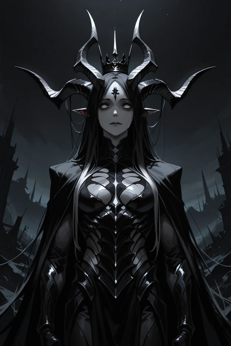 masterpiece, best quality, highly detailed, demon girl, demon, horns, standing in a ruined castle, ruins,