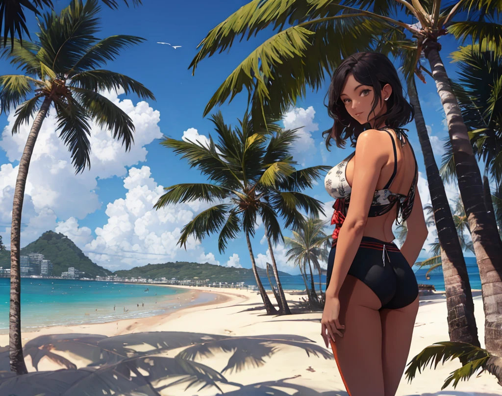 Masterpiece artwork, the best quality, oils, 1 girl, (Katara), ZaUm, elysiumChar, toned, (darkskin:1.3), chestnut hair, longye hair, diaphragm, white  shirt, jewerly, blue bikini, ((cowboy shot, from the rear)), beach background, SUNSET, warm colours, (blue colored eyes:0.6), detailded, no  panties, Kale, ((Katara))