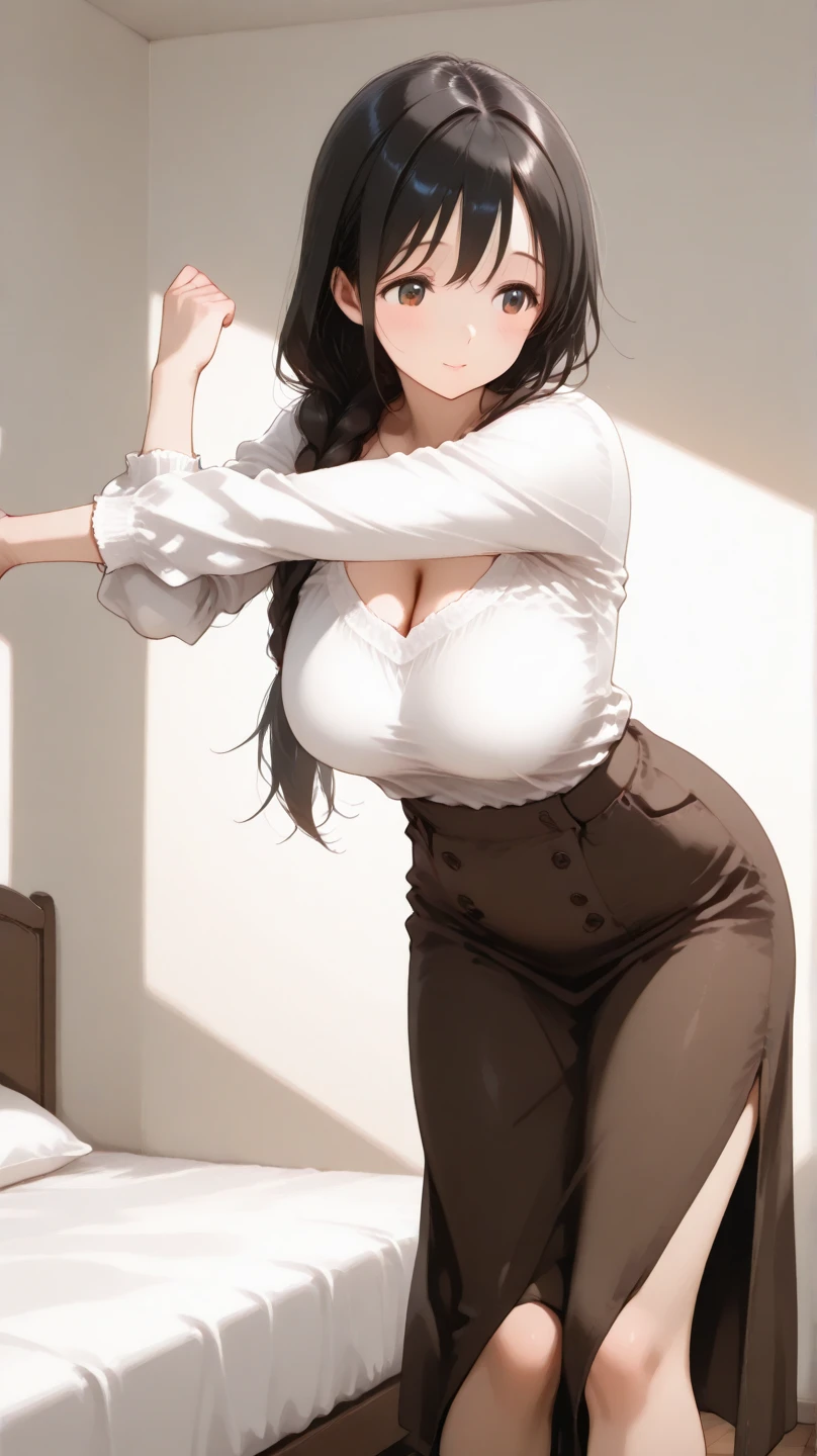 (((masterpiece))),(((high resolution)))、(((perfect face)))、(((girl wearing pencil skirt)))、(((high quality eyes))), (((high resolution face))), big tits、Plump、looking at the camera
