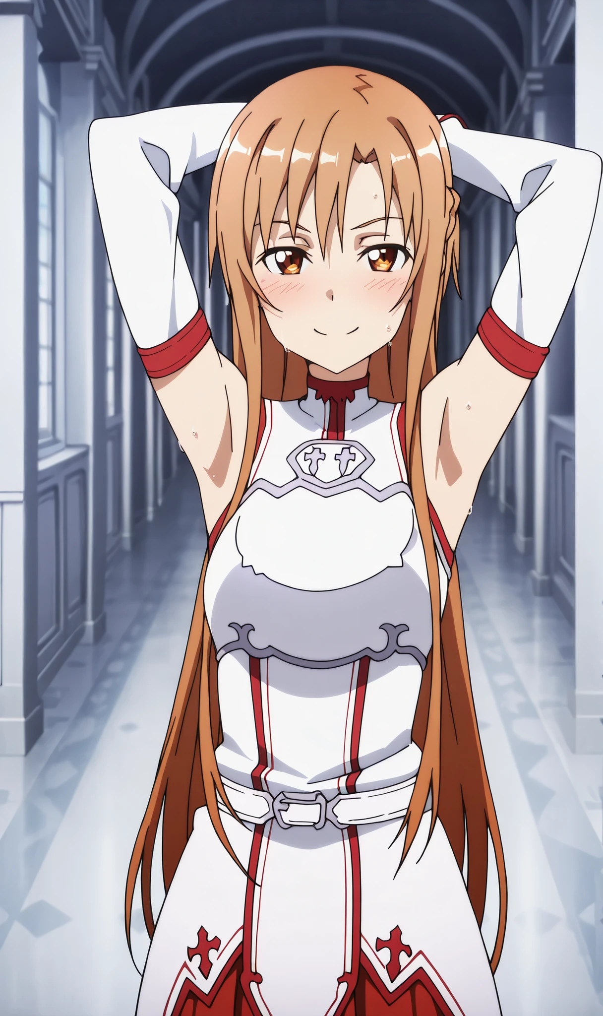 masterpiece, best quality, amazing quality, anime screencap, anime coloring, 1girl, solo, Yuuki Asuna, Yuuki Asuna SAO costume, White Armor, White plate, White isolated sleeve, (character), clothes made of latex, latex clothes, long hair, detached sleeves, bare shoulders, arms up, both raised arms bent behind her head, hand on elbow, armpit, showing armpit, sweaty, standing in the center, head turned to look at viewer, looking at viewer, bright smile, beckoning, confident smirk, , slight blush, white interior mansion background, armpit shadow, stuffy,