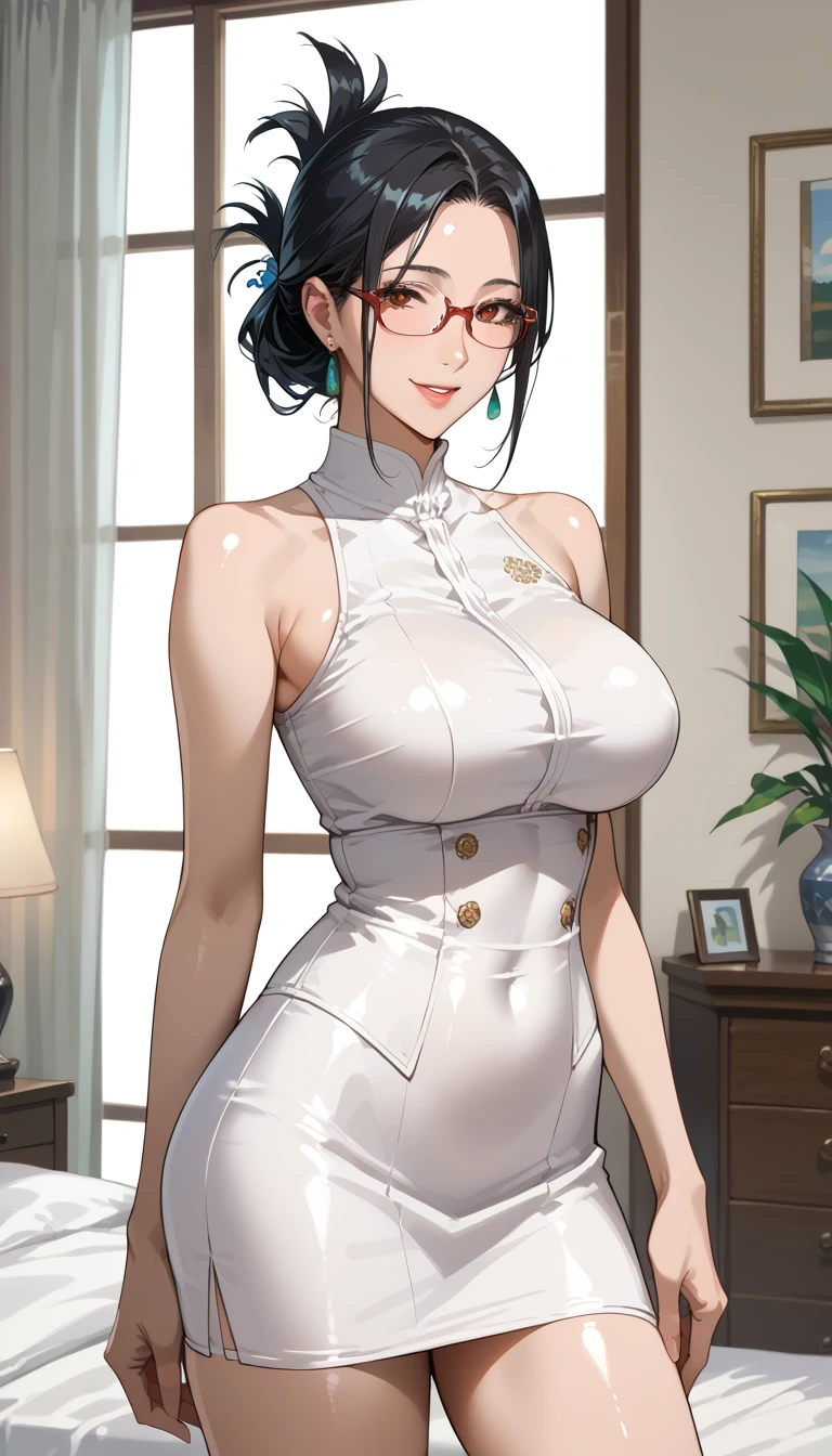 masterpiece,best quality,highres,ultra-detailed,aamoe,halo,fake animal ears,rabbit ears,glasses,round eyewear,long hair,low twintails,pom pom hair ornament,bangs,large breasts,<lora:moe_(blue_archive):0.6>,bare shoulders,china dress,chinese clothes,short dress,cleavage cutout,sideboob,thighs,hands_on_hips,furrowed_brow,indoors,
