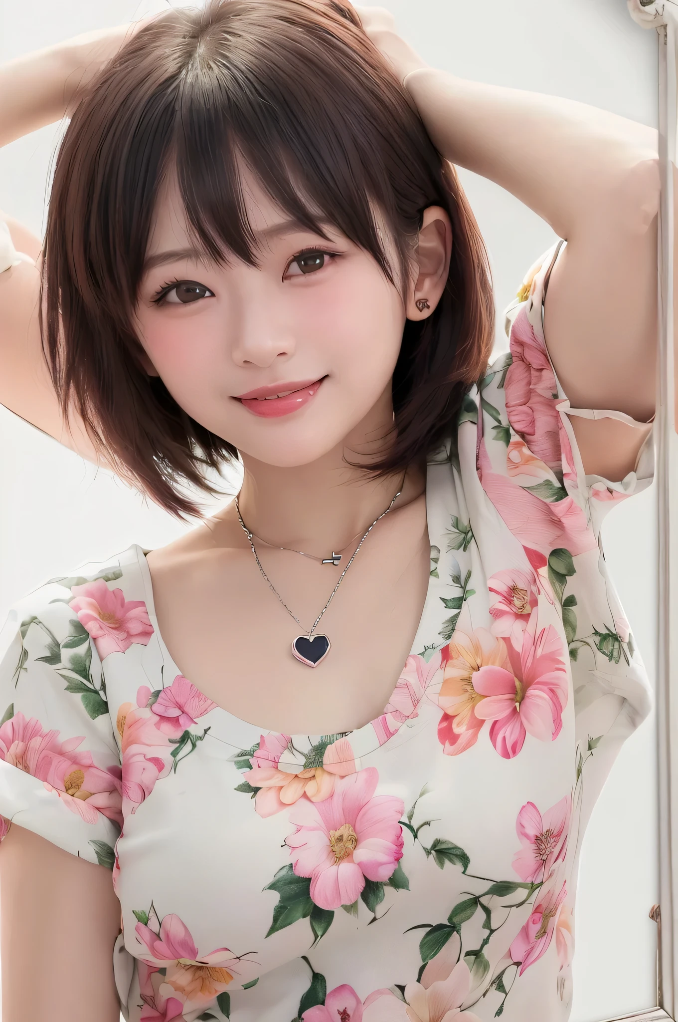 (top quality、8k、32K、masterpiece)、(realistic)、(realistic:1.2)、(high resolution)、very detailed、very pretty face and eyes、1 、round face、Tight Waist、Delicate Body、(close、top quality、Attention to Details、rich skin detail)、(top quality、8k、oil:1.2)、(realistic、realistic:1.37)、bright color、(((I am blonde)))、(((upper body shot)))、(((I can see my chest)))、(((medium hair with a torn butt)))、(((white wall background)))、(((Smiling face)))、(((I have blond hair)))、(((This is a floral t-shirt)))、(((I'm wearing a white and pink t-shirt)))、(((frame in)))、(((cowboy shot)))、(((HEART NECKLACE)))、(((I can see the inner on my collarbone)))