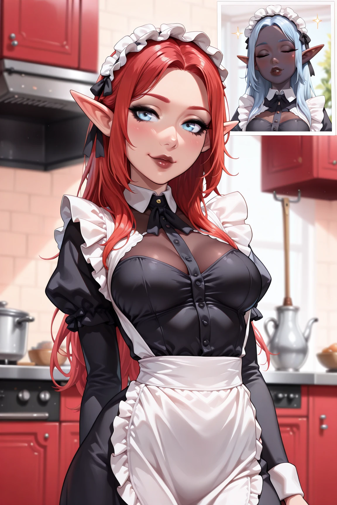 assertive redhead elf maid noticing you're trying to get a shot of her panties, black pantyhose