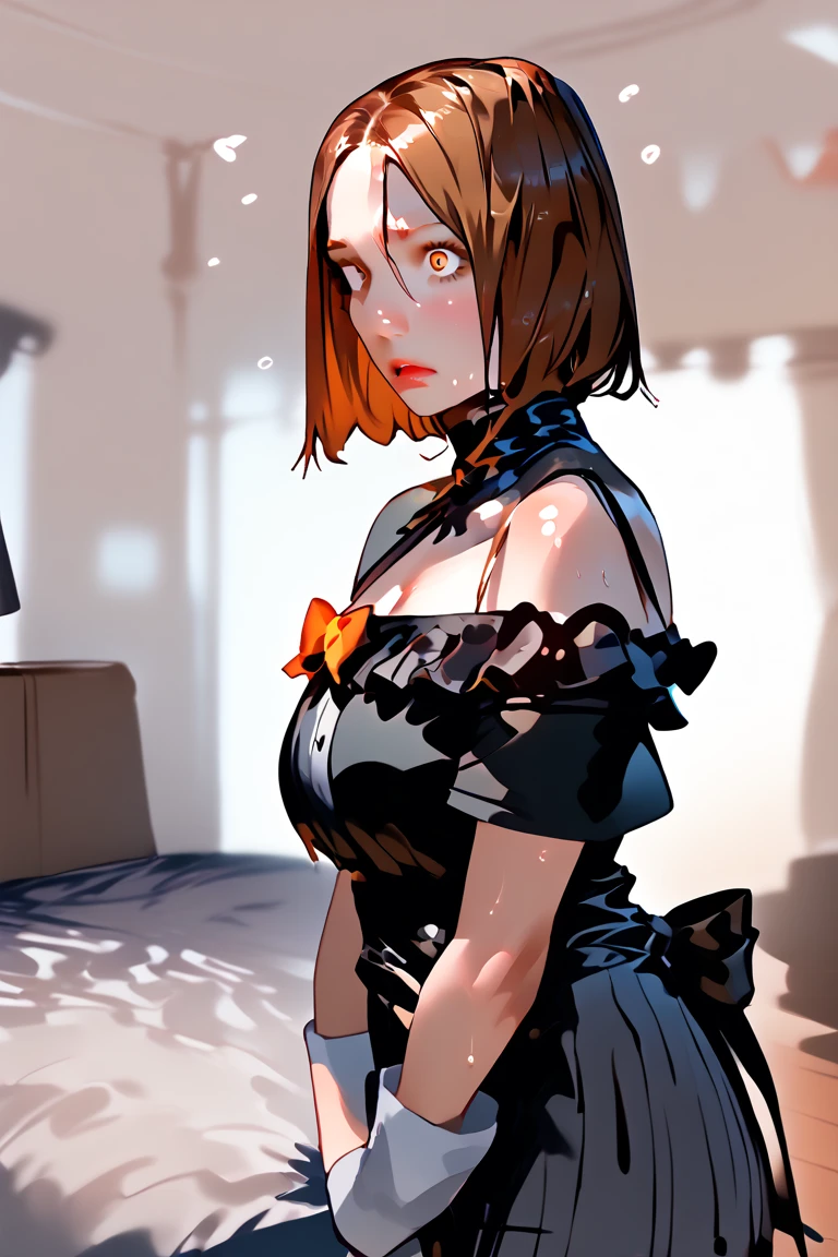 masterpiece, best quality, best illustration, HDR, beautiful details, intricate details, detailed scenery, dramatic light, best shadow, (medium body shot),  (1girl), anna of arendelle, sitted, thighs, ((intricate lace lingerie)), (detailed beautiful eyes)
