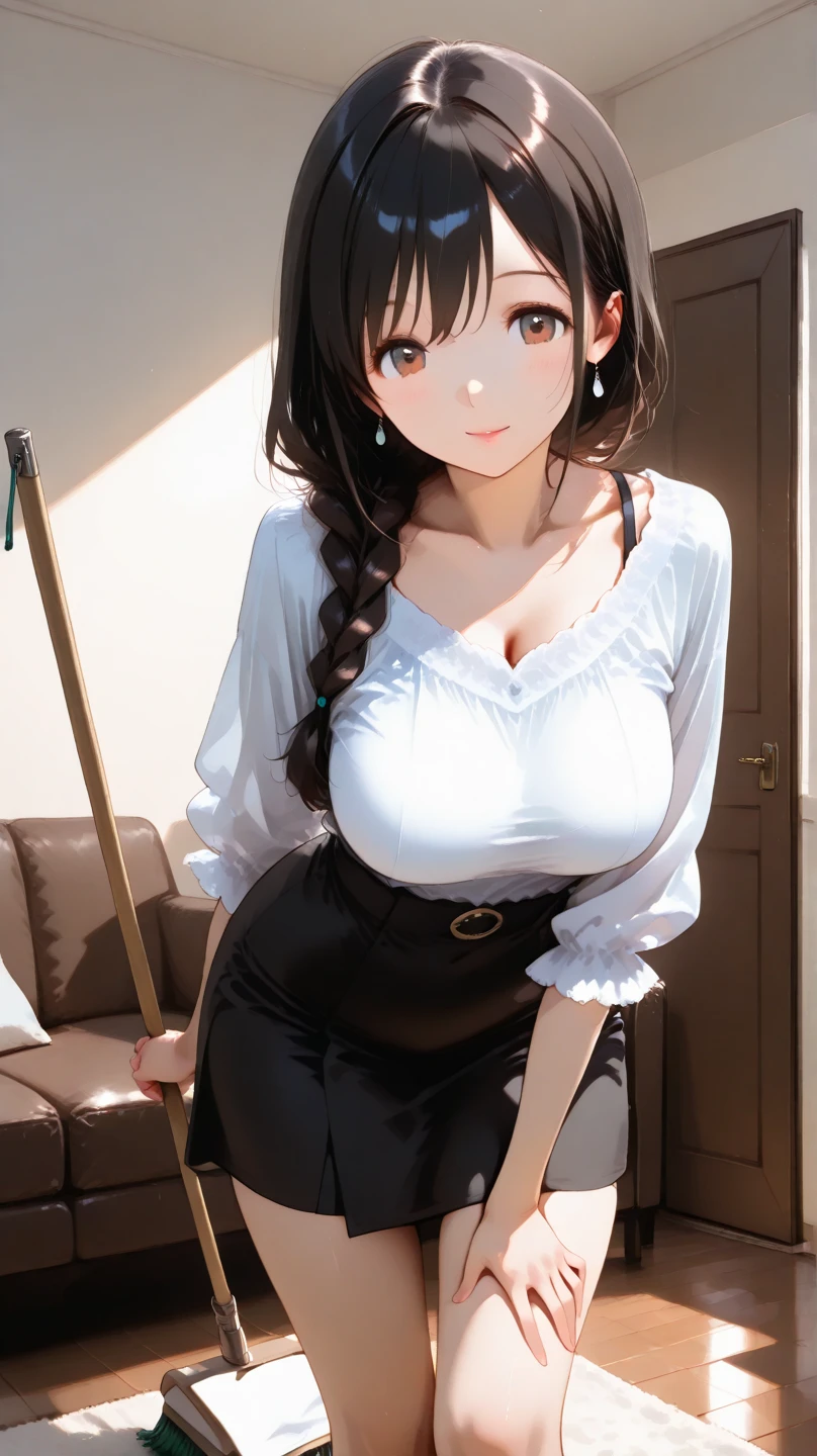 ((masterpiece)), ((best quality)), (ultra-detailed), ((extremely detailed)), 4K, (8K), best quality, ((perfect anatomy)), ((((beautiful detailed eyes)))), (((world-class quality))), photorealistic, extremely detailed, high resolution, (detailed shaded pretty face), (((house wife))), solo, (((sagging breasts))), (((wearing oversized_sweater)), glowing detailed skin and hair, white-skinned, (((glistening skin))), huge ass, kasumi iwato, potbelly, baby face, (half updo),, , stylish pose, curvy, smile, cleavage, bare foot, straddling , sit astride, spread legs