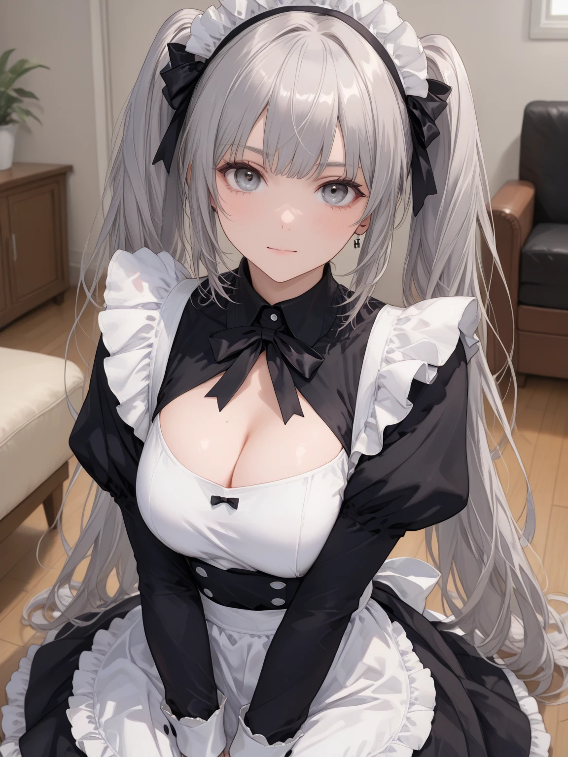 masterpiece, top quality, beautiful, detailed eyes, highly detailed, detailed face, 8k, wallpaper, 1 girl, azure lane formidable,, gonzo, clothed_paizuri, perfect body large_breasts, 1 boy, ruffled dress, fancy dress, blush, gloves, smile, twin tails, solo