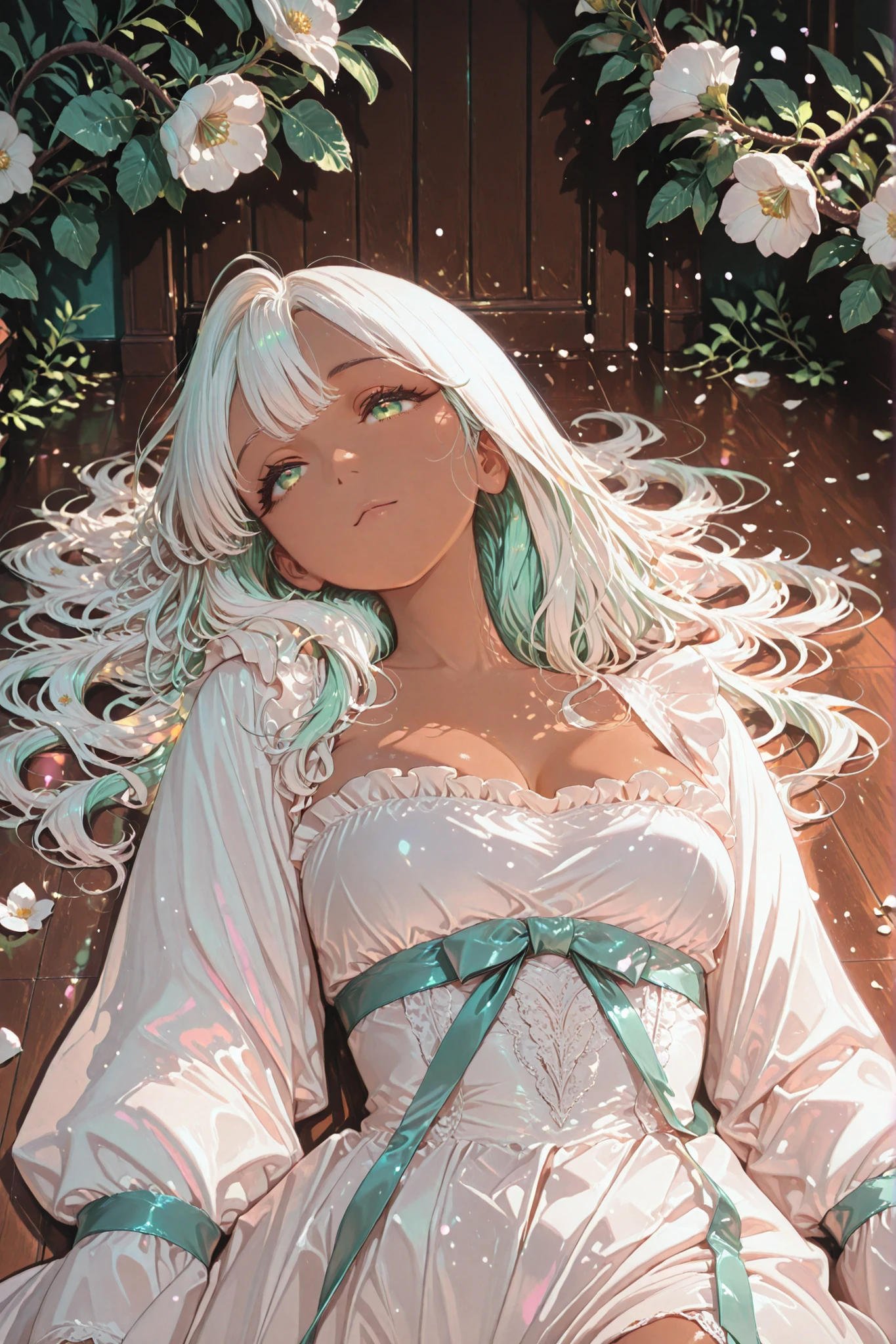 rich, dark-skinned female, beautiful woman, upper body, lying on back, dark skin, white hair, long hair, wavy hair, hair spread out, on floor, white gown, deep neckline, soft curves, light green eyes, gentle expression, subtly sexy, delicate beauty, （white flowers, soft frills, satin ribbons, on floor, scattered decorative ribbons on floor, scattered frills）, lying on ornamental fabrics, densely scattered, dreamy atmosphere, pastel tones, light green accents, elegant color contrast, soft glow, long eyelashes, (Sensual eyes, feature double highlights), 8k, UHD, masterpiece, high quality, best quality,  ultra detailed