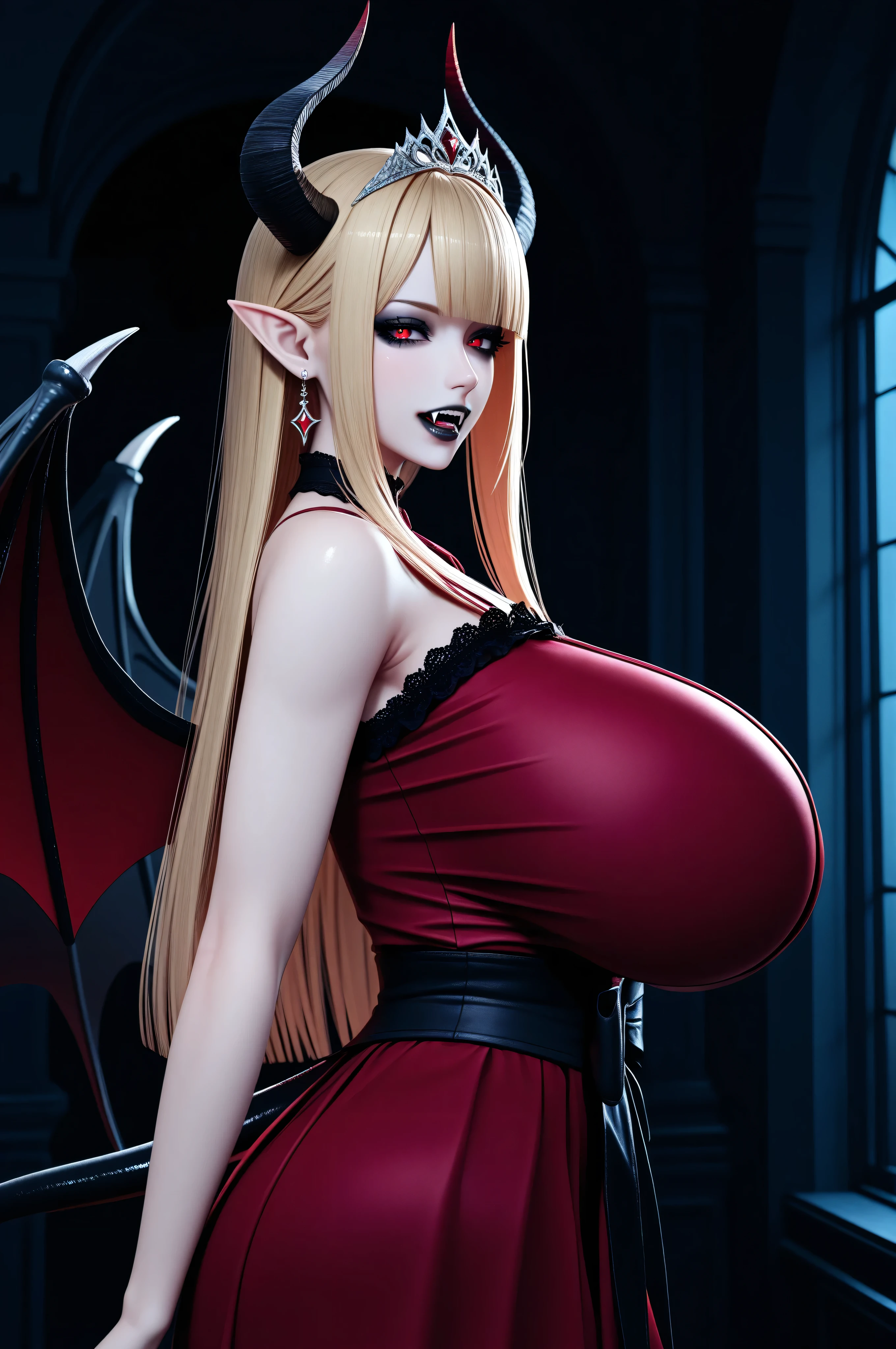 High vampire female, goth Renaissance, white hair, intricate, white glowing eyes, fantastical, vampire, fangs, hyper detailed, 32k resolution, volumetric lighting, hyper detailed, intricately detailed, Unreal Engine 5, volumetric lighting, huge breasts