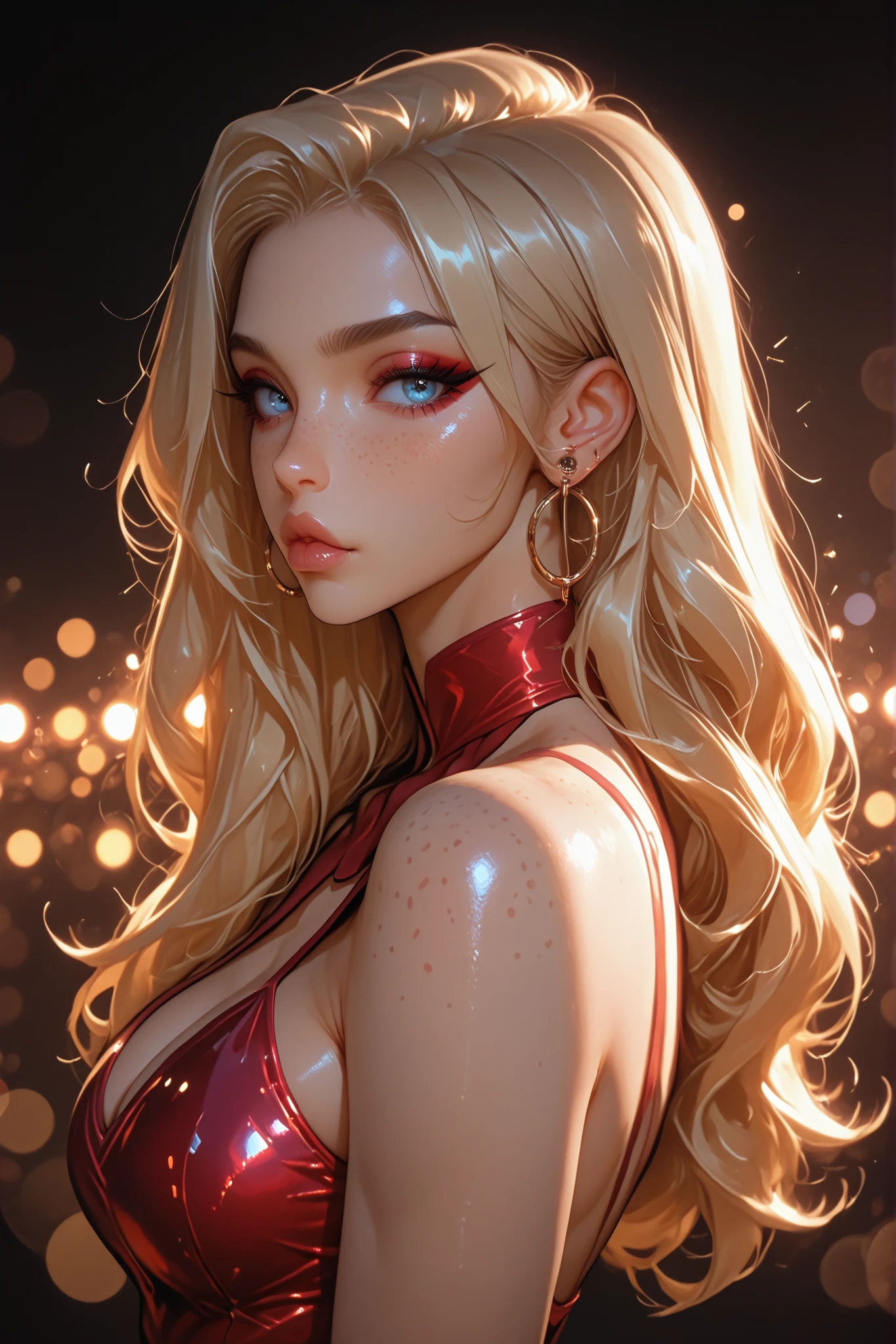 mature model, view from side, looking at viewer, rave, masterpiece, best quality, hrigh details, Ray tracing, hdr, volumetric lighting, bokeh, depth of field, glossy lips, score_9, score_8_up, score_7_up, upscale 2x, Mature Girl with Long Hair and Piercing blue Eyes, beautiful face, Her toned abdomen and curves are visible, close up, tight red shiny club dress, freckles, eyeliner, blonde, medium breasts, hoop earings, holding mic