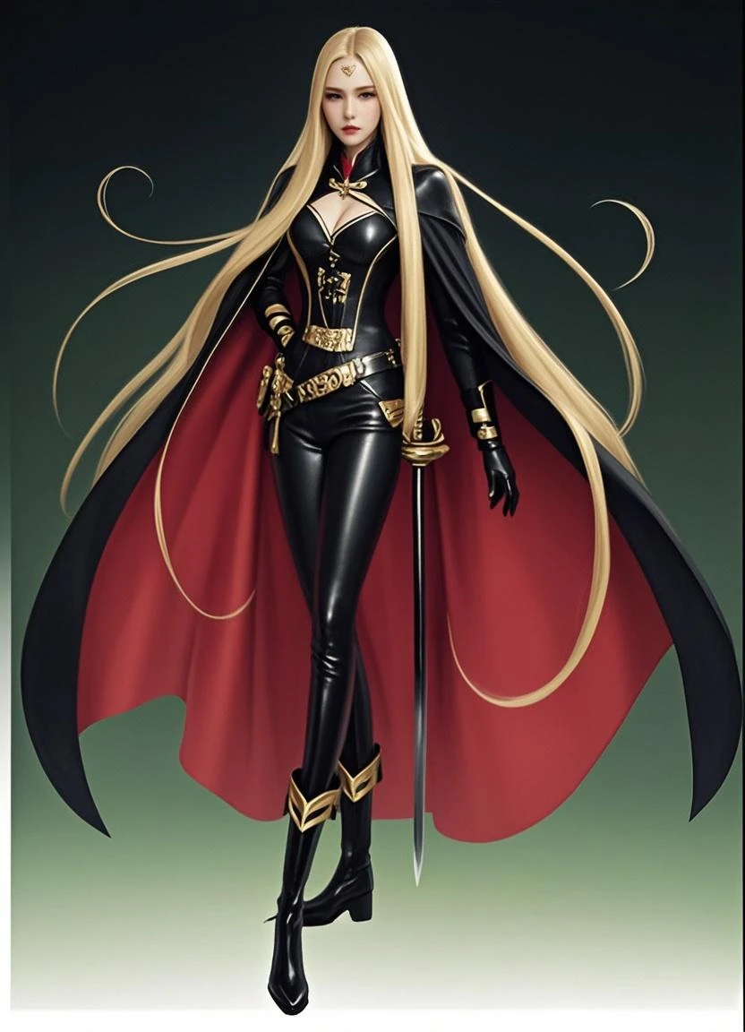 There is a painting,It depicts a woman in a costume holding a sword, clear outfit design, full body concept, no more heroes concept art, clothing design, ( ( concept art of character ) ), detailed full-body concept, full body concept art, new costume concept design, detailed full body concept art, hori + concept-art, Official concept art, full body adoptable,Medusa,Domineering,combat state