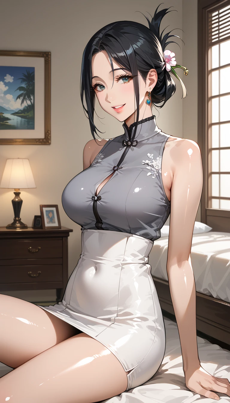 Girl, black hair, white skin, white dress, big breasts