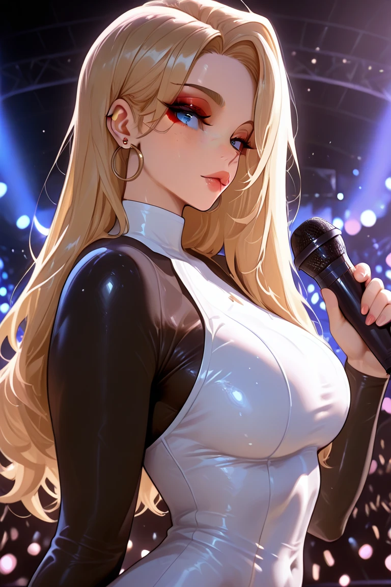 Anime style, super fine illustration, super clear illustration, highly detailed, beautiful detailed, super pale tone image, super delicate illustration, super calm & static image, sexy posing image, static representation, gentle expression, 8k, angle from behind, pretty 1girl with blonde straight short hair & blue eyes & a bright smile & huge breasts & wide hips & nipples & soft fair skin is singing with a stand microphone & dancing with black underwear & black fishnet tights on the stage, in the midnight, night view throught the window, solo, perfect fingers, perfect arms, perfect legs, masterpiece.