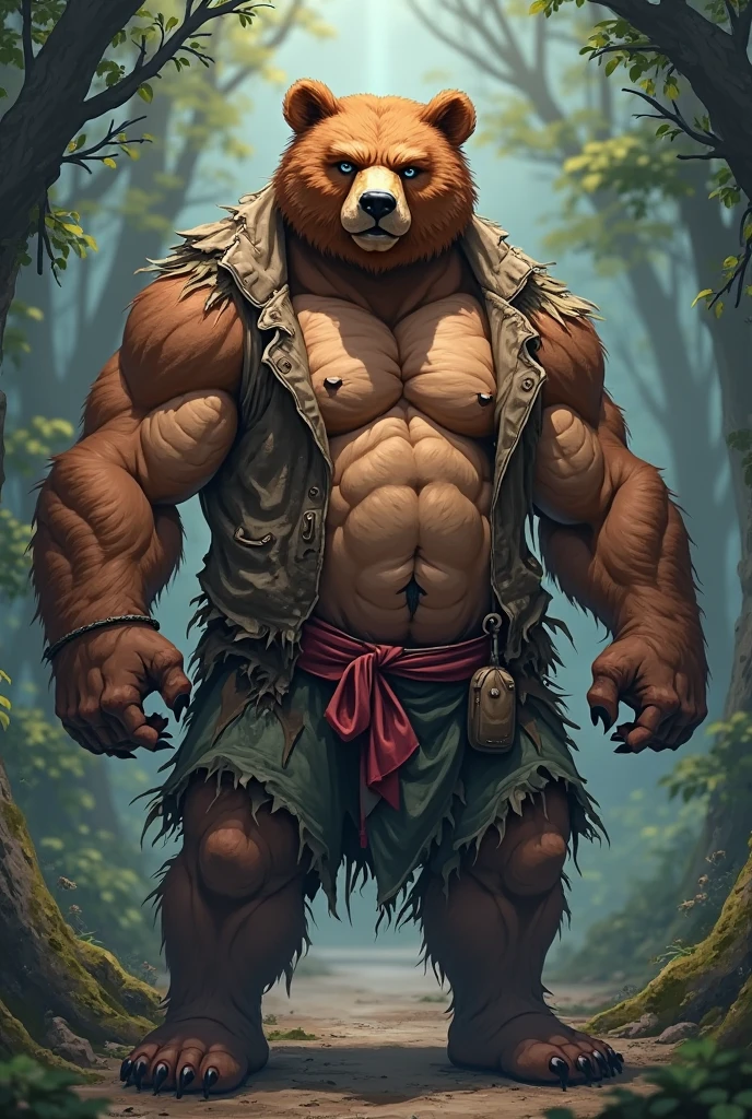 pose, posing, solo, furry, fur taur, beartaur, strong muscle, black armor, green rope, orange loincloth, (black shirt:0.382) ,orange tanktop, bear paw, brown body, 5 fingers, 1 tail, necklace, smile face, open eyes, autumn forest, highly detailed, masterpiece,(best quality), (extreme detailed illustration), good anatomy, (detailed CG), (bright eyes), stomach, abs, belly, (chubby:1), black hairs, barefoot, full body, orange loincloth, (intricate, high detail, film photography, soft focus, RAW candid cinema, photorealism, realistic, photorealistic, analog style, subsurface scattering, masterpiece, best quality, ultra realistic, 8k), (by canyne khai,by takemoto arashi), (yamato (tamacolle)),