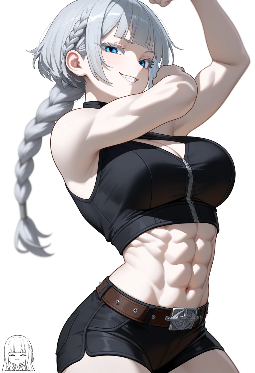(((Plain background 1:2))) (masterpiece, high quality: 1.1) 1girl full body standing, hairstyle with a braid, white colored hair, yellow eyes, perfect lighting, muscular, thighs, mature woman, mummy, bellybutton, abs, looks at the viewer smile RED CHEEKS, extremely huge breasts, maternal, porcelain skin, extra very long hair, sparkly skin, good face, chest cover, HANDS ON HIPS