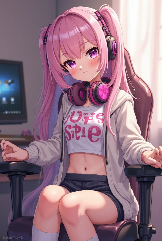 gamer girl, pink hair, long hair, innie pussy, bottomless, black t-shirt, headphones, sitting on the table, spread legs, legs lifted up, seductive, small breasts, underboob