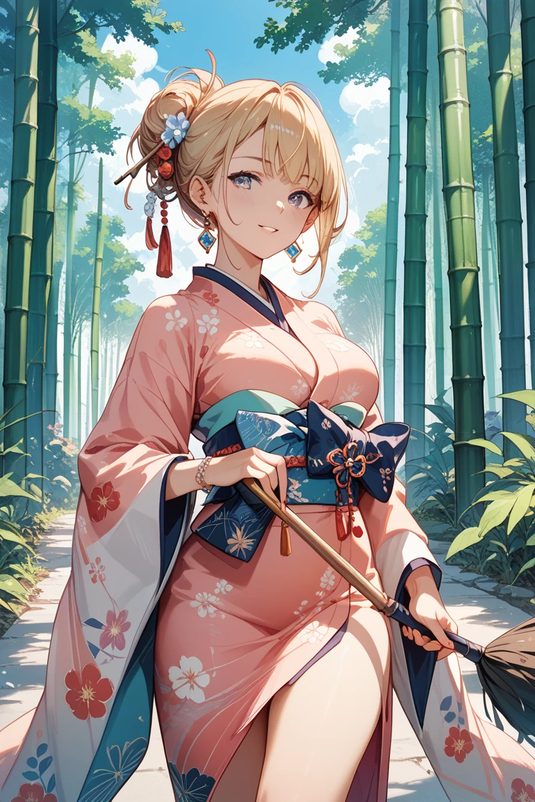 (colored skin, yellow skin:1.2), kimono, forest, skin-covered horns, oni, chest sarashi, looking at viewer, 1girl, solo, <lora:ColoredSkin2-10:0.6>