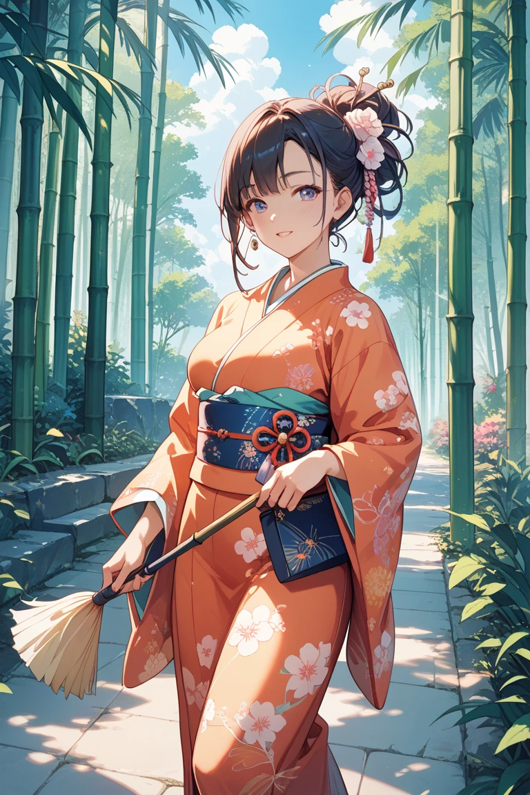 (masterpiece, best quality), 1girl, Olive green Bubble Ponytail with Pearl Hairpin, Size H breasts, Burgundy Brown Kimono top and High-waisted jogger shorts with a ribbed waistband, thighhighs, Standing with one hand on a tree or pole, <lora:test:1>