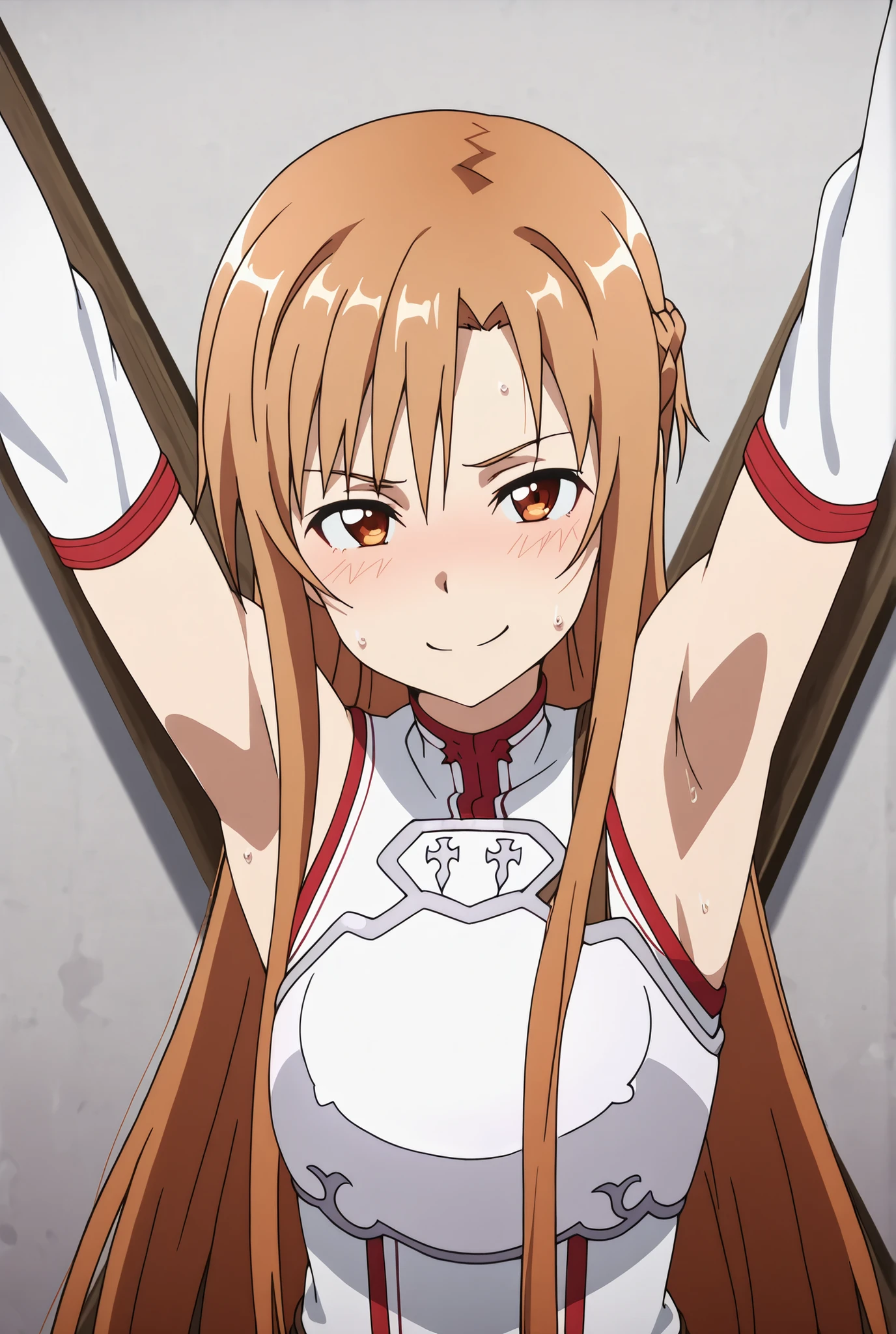 masterpiece, best quality, amazing quality, anime screencap, anime coloring, 1girl, solo, Yuuki Asuna, Yuuki Asuna SAO costume, White Armor, White plate, White isolated sleeve, (character), long hair, detached sleeves, bare shoulders, arms out, restrained, armpit, exposed armpit, sweaty, asuna in the center, head turned to look at viewer, looking at viewer, bright smile, beckoning, confident smirk, , slight blush, white interior mansion background, armpit shadow, stuffy,
