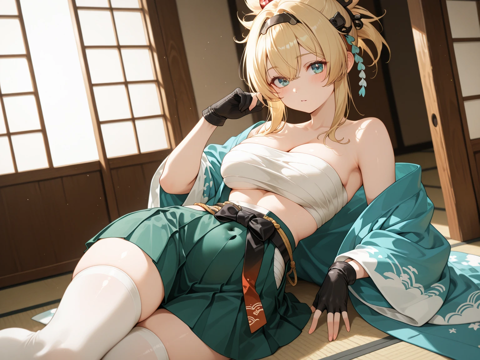 NSFW,Hololive,Kazema Iroha,Blonde,ponytail,hair ornaments,Headband,kimono,Haori,Belly button cover,Black gloves,Pleated skirt,Green skirt,White knee socks,Cleavage,Skirt Lift,Embarrassed,blush,Expectant gaze,Turn face to the side,Mansion at night,Japanese-style room,Futon,(Perfect hands),(Perfect Anatomy),(masterpiece),(highest quality),Lying on your back