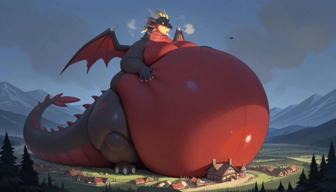 full body, furry, two leggied devil crown dragon, wide bottom, heavy bottom, fat bottom, very wided legs, ((large belly)), giant Round belly, long digitigrade leg, giant pearshape body, no nipple,detailed face,  dragon breath, breath burp, village, overstuffed belly, full belly face,