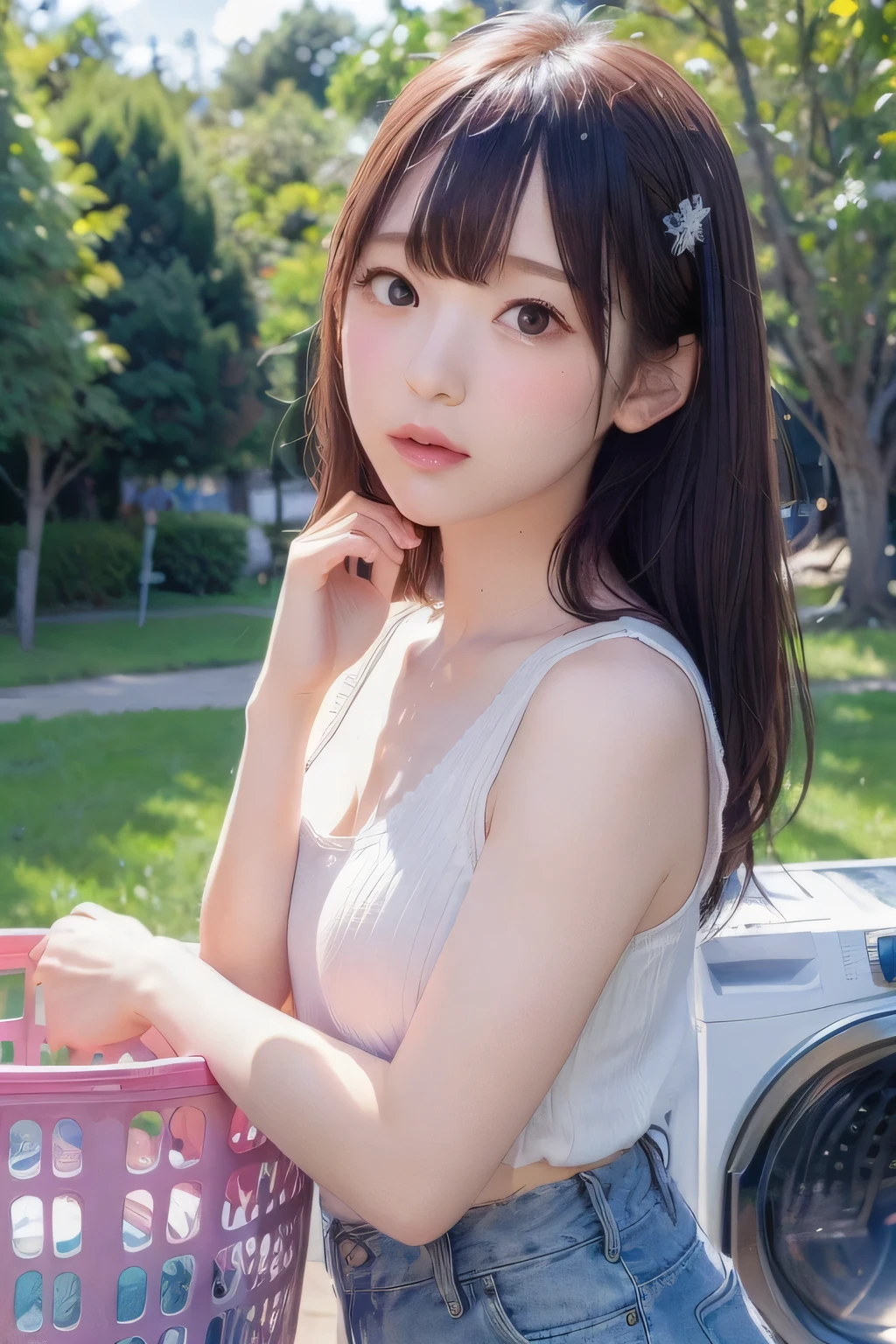 8k, raw photo, best quality, hires, realistic, photorealistic, extremely detailed 8k wallpaper, beautifully detailed eyes, finely detailed face,
 break 
professional lighting, bokeh,
 break 
perfectly anatomically correct:1.2,
 break 
blue sky, coastal veranda at moody sunrise, summer clouds,
 break 
1 female,
laundromat, washing machine, laundry basket,
((putting clothes to dry:1.2, stainless laundry pole:1.2, with hands up:1.2)),
kawaii like an angel, [cute natural anime face],
symmetrical clear eyes, chocolate color eyes with captivating reflections,
symmetrical face line, stereoscopic projection of  face,
gentle narrow eyes, [wide-set eyes, reverse banana-shaped round eyes, tareme, moderate eye bags, double eyelids],
small face, round face, rounded jaw, [oval-shaped face, thin lips, small nose, chiseled face], blush, embarrassed, healthy skin color,
SHIMAMURA room wear are about to fall off,
looking back viewer:1.2,
pointy smallest breasts,
SFW:1.1,
 break 
dynamic backshot, [soft saturation, soft contrast]