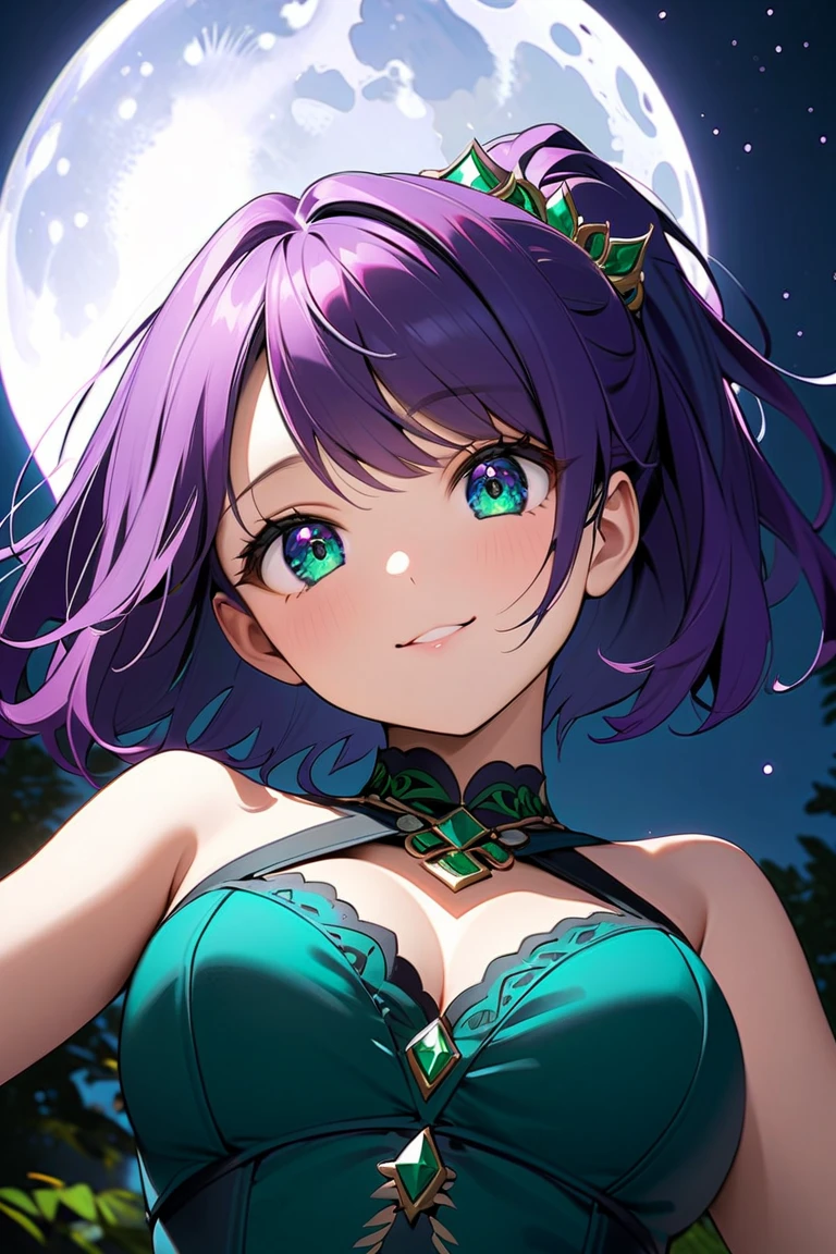 1girl, Purple hair, green eyes, fluffy panda ears, long hair, cute sexy black dress, beautiful, moon, green accessories, sparkles, freckles, detailed eyes