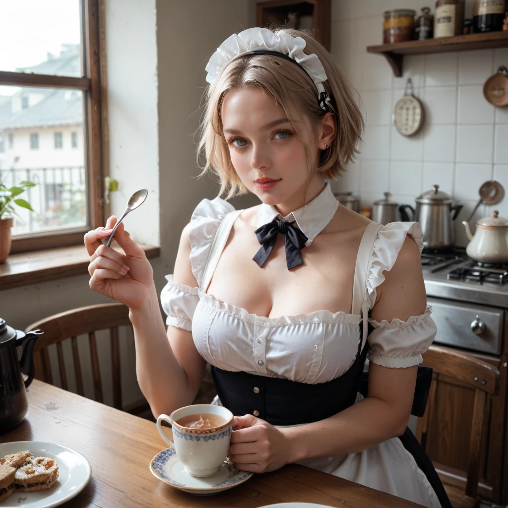 (best quality, masterpiece), (ultra high resolution, 8K RAW photo, photo realistics:1.5, textile shading, thin outline, clear focus:1.2), Beautuful Matured woman preparing tea-time in the garden, standing by the round table, (tea set, tea pot, tea cups, Some delicious　Strawberry　cakes on dish), classy art deco style table, wearing light_brown maid uniform, breast cleavage:1.2, maid costume:1.2, long flare skirts, apron, bow ties on thechest, long tall sally, long legs, long silver white hair, (wearing thin-flame glasses:1.2), (milf:1.5, 28 years old, solo), (large breast, sagging breast, big tits, narrow waist), (medium short white hair, hair over one eye, (updo hair:1.2), side lock, asymmetric hair, wavy hair), (bright pupils, detailed eyes, high detailed face, Perfect face shape, eye rush), (seductitve smiling, half-closing eyes), (looking at viewers:1.3), (dynamic angle, full body, from below:1.2), ((correct anatomy:1.5, correct hands)), (ideal ratio of body proportions), (outdoor:1.2, grass field),
