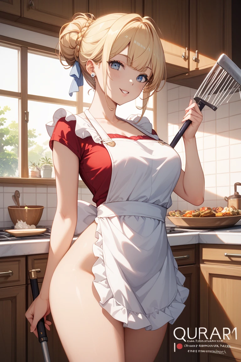 (dynamic angle:1.3, front view:1.1, breast focus:1.3, from above:1.1), (dynamic posing:1.2, sexy posing:1.2), (seductive smiling:1.3), ((holding Pasta on a plate,Taking the pasta out of the pan, worried about the outcome:1.2)),highest quality、(real、photorealistic:1.4),(ultra high resolution, 8K RAW photo, clear focus), best qualtiy, natural lighting, field depth, (Bright pupils, detailed beautiful eyes, high detailed face), Red lip, (tight focus:1.2), a girl 22yo old, Wearing a pastry chef uniform:1.3 , Thicc, thin breast, long hair, blue eyes,garter stocking, cleavage:1.2, midriff, black shorts, black thighhighs, thigh strap, pretty girl, (highly detailed beautiful face and eyes,firm breasts),real skin,((black,hair,long pony tail hair)),thin pubic hair,cute,lovely, detailed eyes,(double breasted:1.0,under bust:1.0),(with sparkling eyes and a contagious smile),open mouth, Looking at Viewer,A scene of make cooking Cakes in the kitchen

