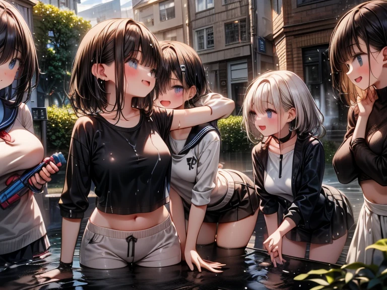 Masterpiece, beautiful slender girl, multiple girls, bus stop, unzipped shorts, pussy peek, pussy, no panties, sweat, sweatdrop, t-shirt, midriff, pussy juice, blushing, bare legs, slim, full body, sneakers, embarrassed, scared, hiding, covering mouth, thigh strap, vibrator, small breasts, peeing, pee, pee puddle, peeing, crowd in the background