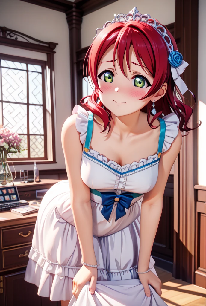 best quality, masterpiece, extremely detailed CG, official art , professional lighting, sakimiyairuka, (one side up), green scrunchie, hair ornament, red hair, green eyes, perfect face, shiny skin, sweat, idol, stage, cowboy shot