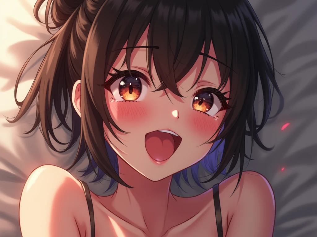 (best quality), (Super detailed), (Best Illustration), (NSFW), ((1 beautiful girl)), look at viewer, (upper body), (1 boy, pov hands, grab breasts:1.2), ((complete nude, complete naked)), ((beautiful medium breasts)), curvy body, (heart-shaped pupils, orgasm face, saliva, girl trembling with sexual climax), nose blush, sweat, brown hair, (bob cut), messy hair, curvy hair, hairs between eyes, blue eyes, (white background:1,2)