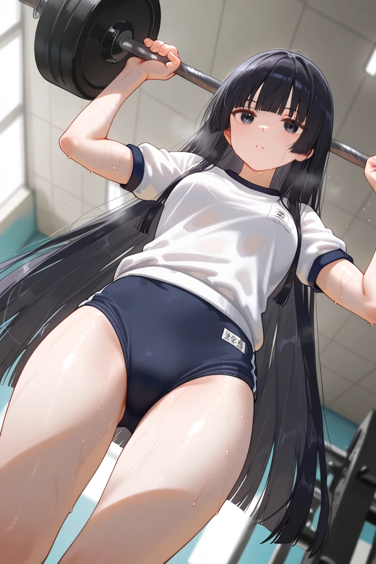 (Highest quality), (masterpiece), 1080P, High resolution, 4K, 8K, Maid clothes, ((Cat ear)), Frills, Shooting from directly below, Sweat, white micro bikini, To achieve this, ((side)), show your side, Spread your legs, Nipples, Small breasts, whole body, Embarrassed face, Long black hair, Blunt bangs, bracelet, stretch, training, sports gym, Leather shoes, Thick sole,