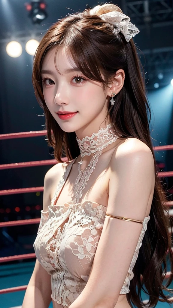 ((masterpiece: 1.4, best quality))+,(ultra detail)+, official art, unity 8k wallpaper, ultra detail, beautiful, high quality, Highlight your cute face,  masterpiece, best quality, semi straight medium length hair, Bangs up to the eyebrows, (((Always in the pro wrestling ring))), (Off-shoulder white swimming bot:1.5)), (((bust:1.5))), High exposure,  skinny body,masterpiece, high quality, 8 thousand, beautiful spotlight, no. no. no. no. No. 1 girl group idol in Korea, ((vivid:1.5)), ((brown eyes, blonde hair:1.3)), (Small and round breasts:1.2), ((colorful earrings, white neck choker, white short lace gloves)), 18 years old, small face, looking at viewer, (hairpin with larger ribbon:1.4),(skinny abs:1.1), (They look at each other and look very happy :1.5), ((Both cheeks turn red)), Accurately distinguishes between the bodies and limbs of two people....:1.5