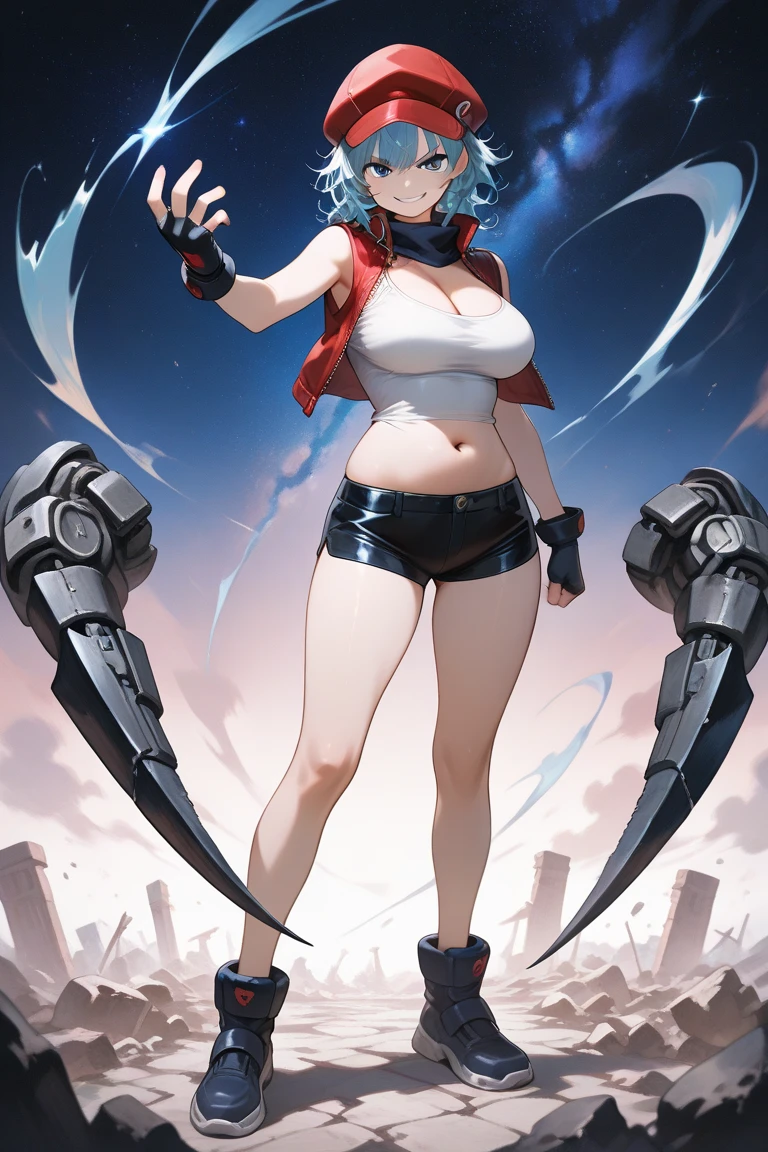 woman full body toe to head, short bob white hair, feet together, high boots, big breast big knockers, hands on hips, black bikini, leather choker collar with bell, belly navel, lustful smirking smile face, plain background