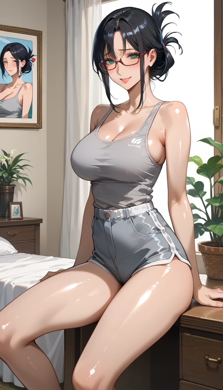 (masterpiece, best quality),female twenty-something, refined, indigenous australian, steel gray eyes,  aquiline nose,   high cheekbones, rounded forehead, diamond face shape with angular cheeks, sculpted biceps,   , brown chignon hair, satisfaction wearing shapewear bodysuit, strapless bra, slides, , lying on stomach with legs raised, lying on the stomach with legs raised, showcasing elegance and allure, rainy window lighting, soft, diffused light through raindrops on a window, creating a cozy and intimate mood