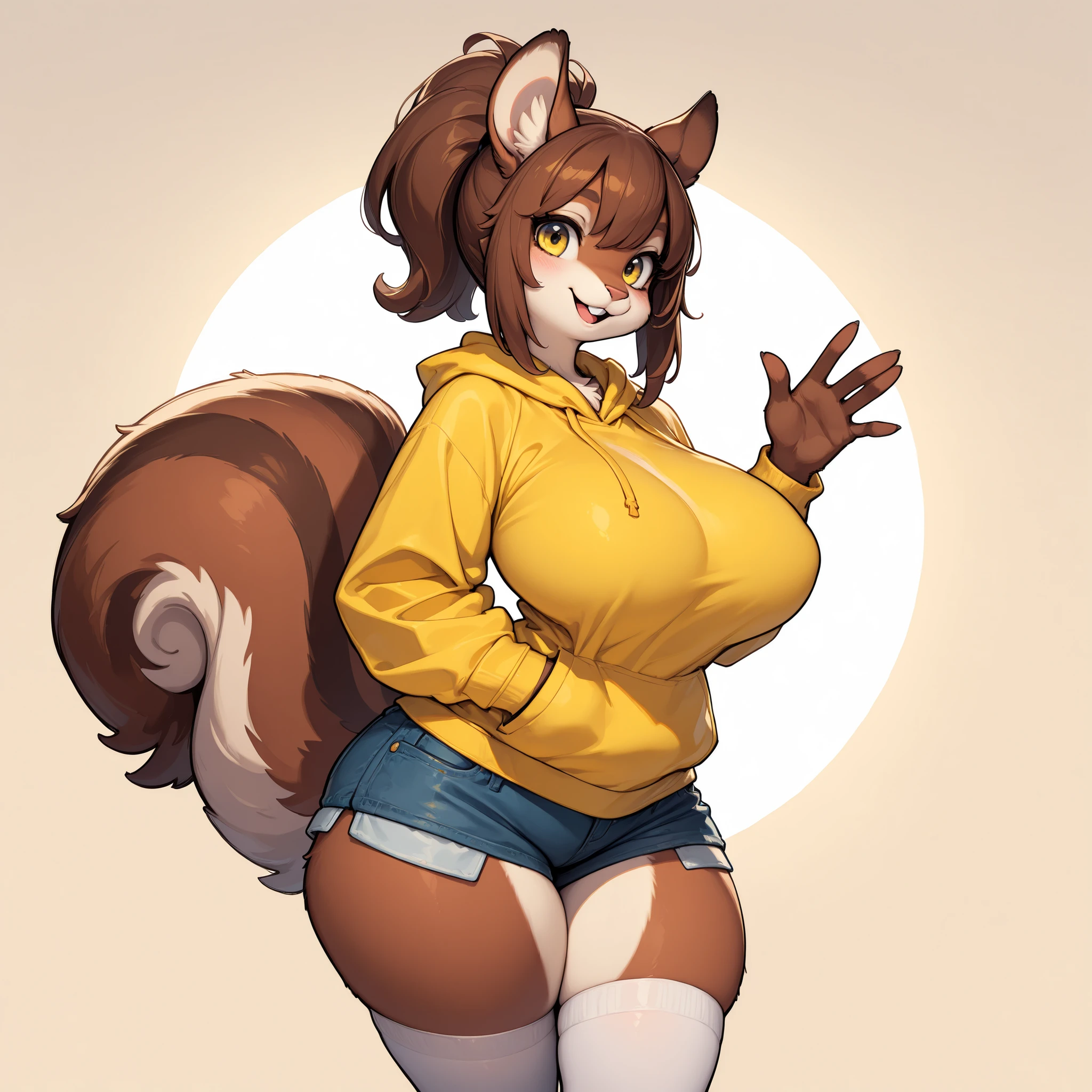 female anthro Snow leopard,Brown long fluffy hair, fluffy hair, squirrel ears, hyena, big breasts, attractive,turtleneck sweater, turtleneck,vertical striped yoga pants, thicc body, thicc body, thicc, freckles, freckles on face, neutral expression, smug eyes, (thick thighs:1.5) bent over, focus on butt, watch your back, biki big butt sexy butt sexy but invitation