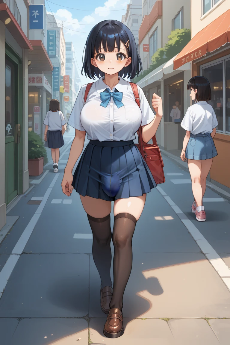 (full body:1.2),(from below),best image quality, 4k, high quality, masterpiece, high detail, high quality, best image quality, high quality, NSFW, cute, , low length, big breasts, Bokeh, Every time , portrait, 18-year-old,(black knee high socks:1.3), (full body:1.2),cute illustration, High resolution Every time, Super detailed, 最high quality, Anime girl posing for photo,anime moe art style,Best Anime 4K Kona-chan Wallpaper,Anime drawn by. Simoo, (smile,blush:1.2),(school uniform,No bra,not wearing panties:1.2),(press your chest,paw pose:1.2),(skirt lift,shirt lift:1.3),(mouth hold:1.3),(on the road:1.3),(crowd of men in front of girl, A lot of guys are looking at you:1.4), (full body:1.2), (press your chest)