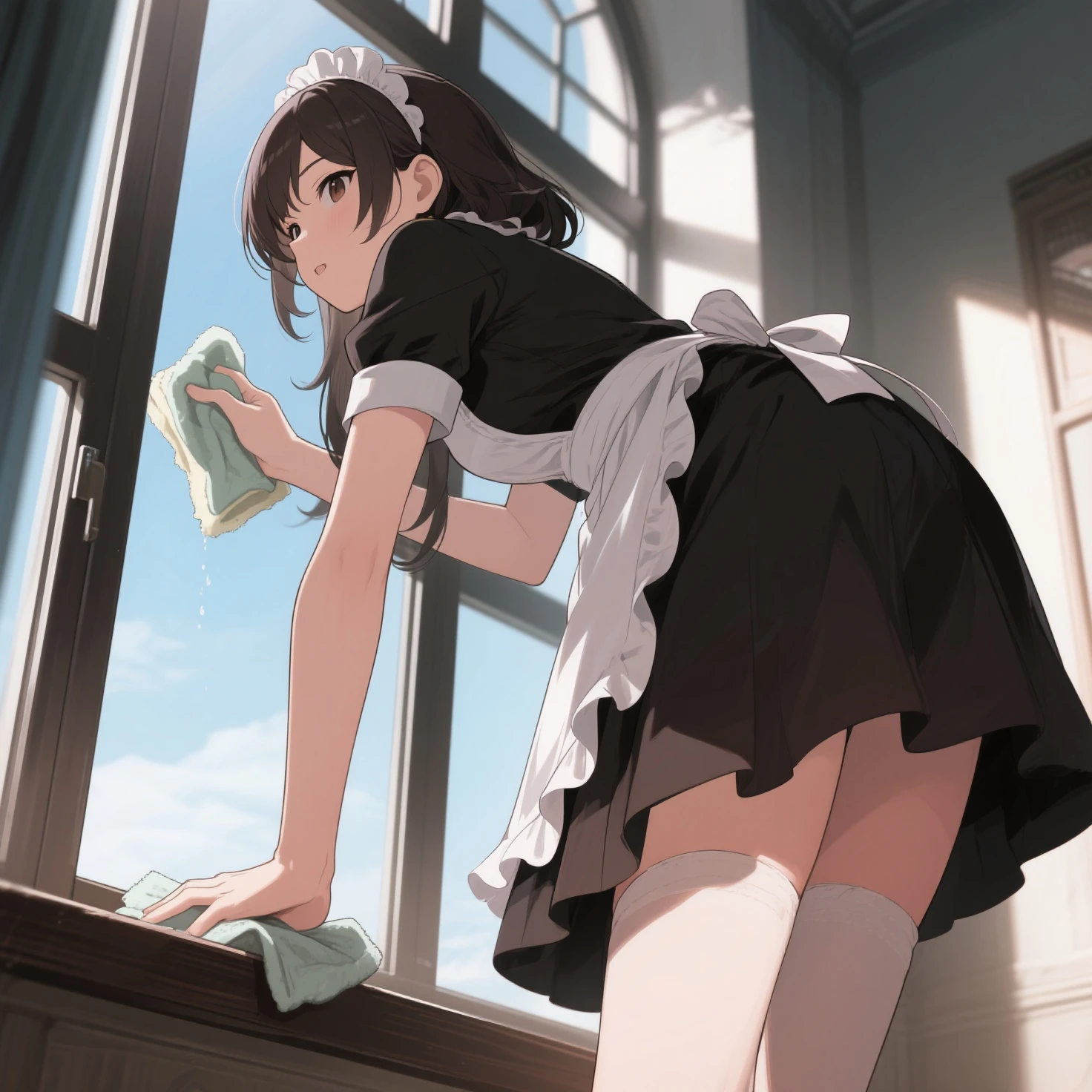 (masterpiece, highest quality, highest quality, Official Art, Cosmetology and aesthetics: 1.2), Bobcut, Black Hair,Short skirt maid outfit, Crossdresser,Cute, delicate and short, upskirt, panties, (all fours:1.2), cleaning,from above, from behind,Luxury House,corridor