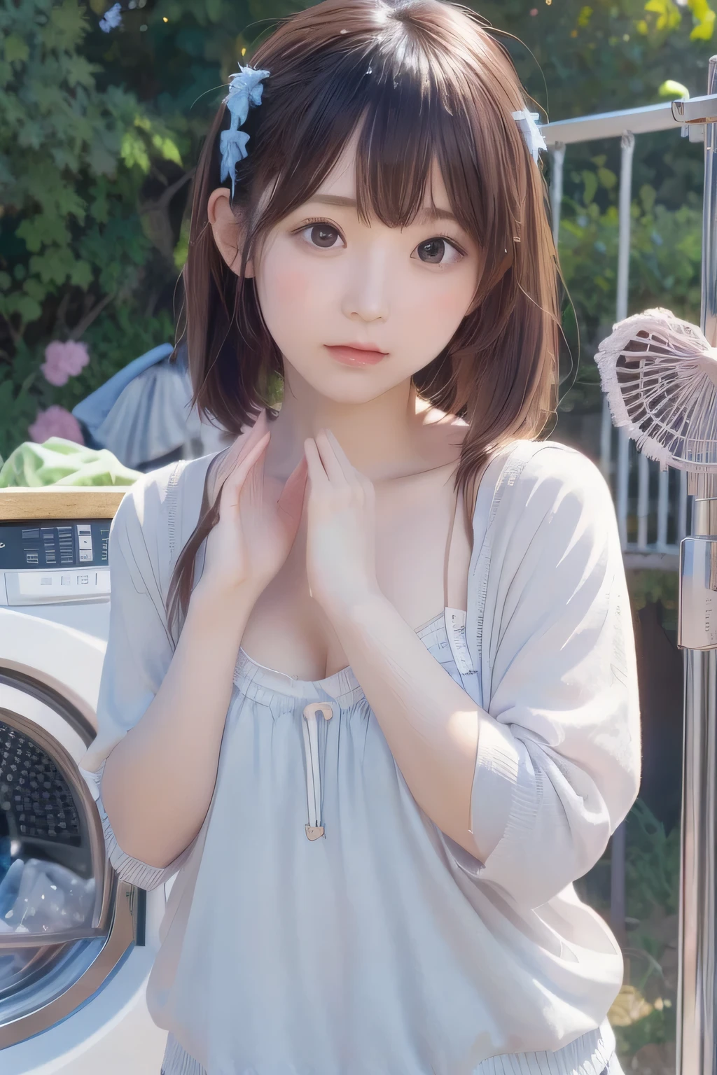 8k, raw photo, best quality, hires, realistic, photorealistic, extremely detailed 8k wallpaper, beautifully detailed eyes, finely detailed face,
 break 
rim lighting to cleavage, bokeh,
 break 
perfectly anatomically correct:1.2,
 break 
blue sky, coastal veranda at moody sunrise, summer clouds,
 break 
1 female, very short pigtails,
laundromat, washing machine, laundry basket,
((putting clothes to dry:1.2, with hands up:1.tainless laundry pole:1.4)),
SHIMAMURA room wear are about to fall off:1.1,
kawaii like an angel, [cute natural anime face],
symmetrical clear eyes, chocolate color eyes with captivating reflections,
symmetrical face line, stereoscopic projection of  face,
gentle narrow eyes, [wide-set eyes, reverse banana-shaped round eyes, tareme, moderate eye bags, double eyelids],
small face, round face, rounded jaw, [oval-shaped face, thin lips, small nose, chiseled face], blush, embarrassed, healthy skin color,
pointy smallest breasts,
looking back viewer:1.2,
SFW:1.0,
 break 
dynamic backshot, [soft saturation, soft contrast]
