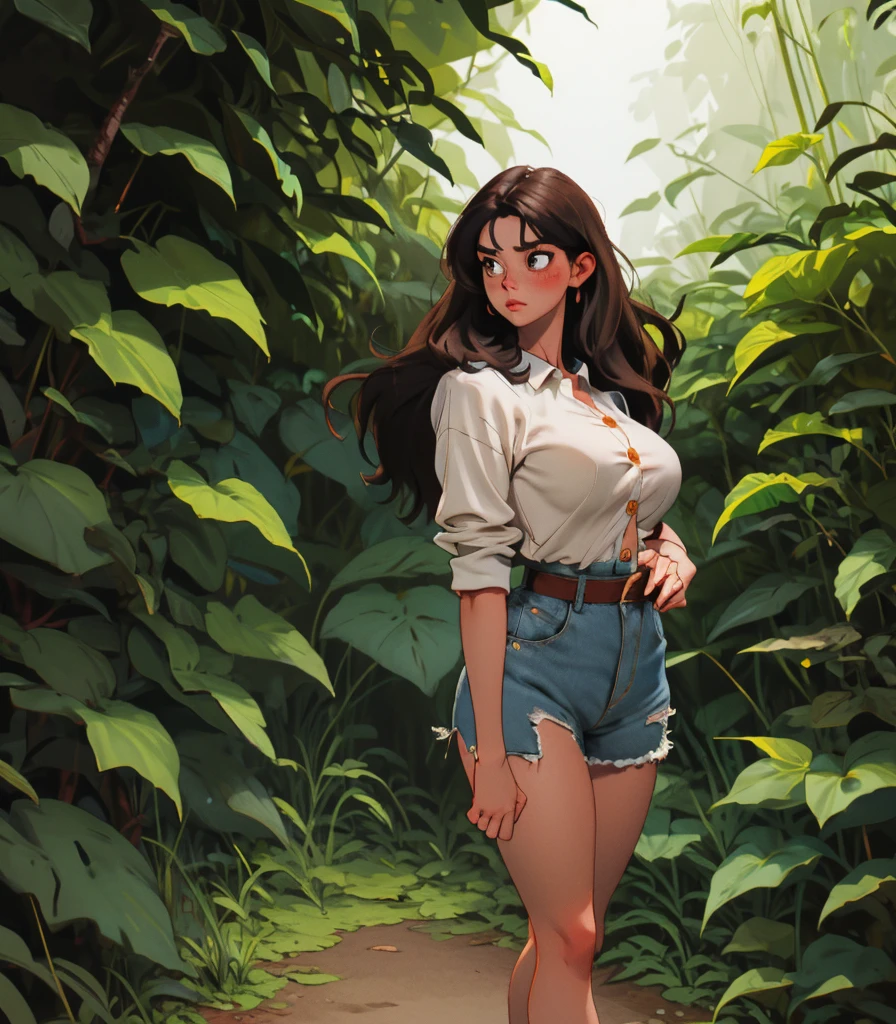 ((best quality)), ((masterpiece)), (detailed), off-shoulder sweater, Transparent body, Visible veins, Highly detailed, Upper body, one girl, young Korean woman with a Korean beautiful face, golden eyes and yellow sandy lush hair, tanned dark bronze skin, huge chest, dressed in an open coat with rolled up sleeves, a transparent unbuttoned shirt, a wide leather belt with gold yarn, leather shorts, a hiking backpack, a two-handed katana in sheathed, walking through the forest, trees with blue foliage and white flowers,