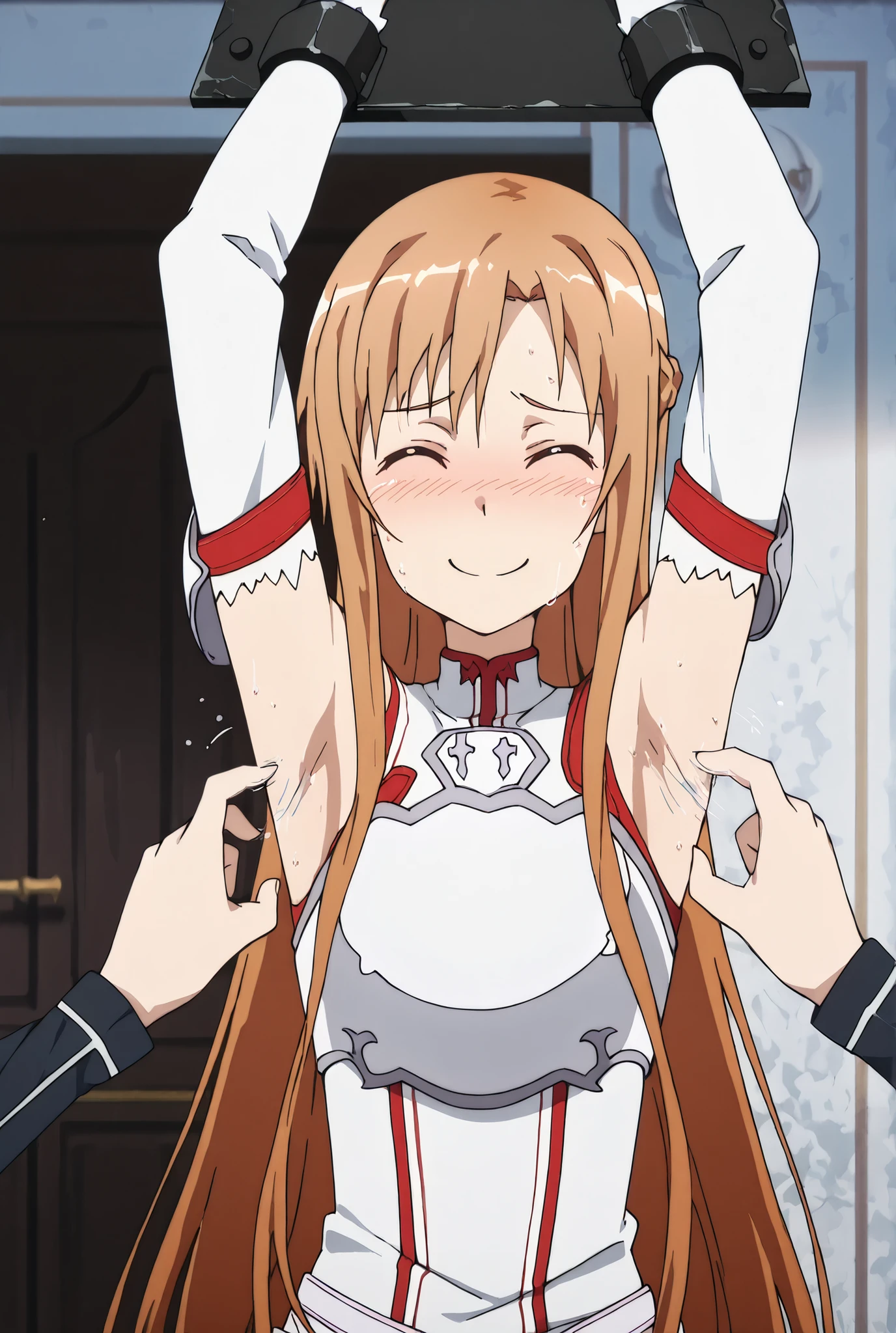 masterpiece, best quality, amazing quality, anime screencap, anime coloring, 1girl, solo, Yuuki Asuna, Yuuki Asuna SAO costume, White Armor, White plate, White isolated sleeve, (character), long hair, detached sleeves, bare shoulders, arms out, restrained, tickling, armpit tickling, armpit, exposed armpit, sweaty, asuna in the center, head turned to look at viewer, looking at viewer, bright smile, laughing, eyes closed, slight blush, white interior mansion background, armpit shadow, stuffy,
