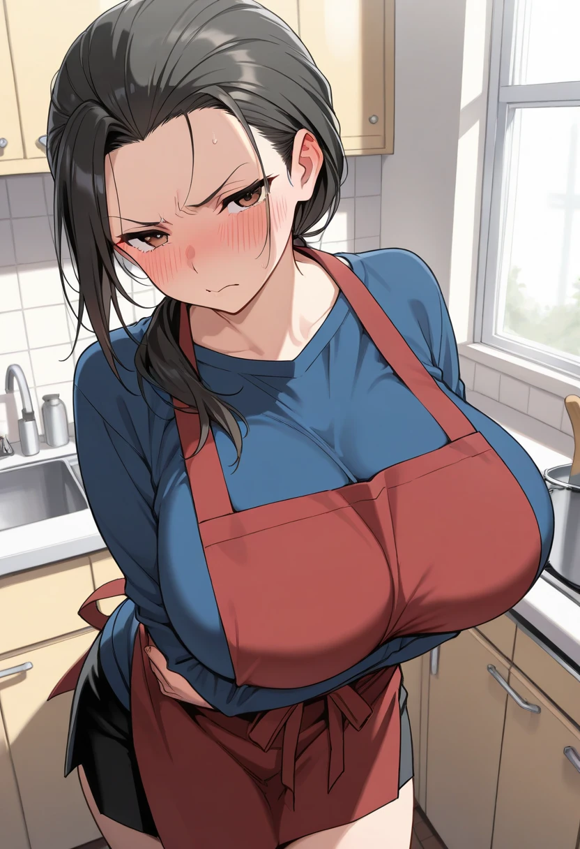 Mature female,(((Cleavage))))(Red face,tearful,nervous,Saliva in mouth)Searches, Navy blue skirt, White shirt, yellow kitchen apron sofa,