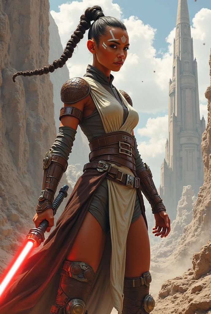 An illustrated movie poster, hand-drawn, full color, a teenage Jedi, 18-years-old, female, wearing a crop top and a skirt, athletic hourglass figure, busty bosoms, full wide hips, massive round butt, long shapely legs, ridiculously thick powerful thighs, hazel eyes, dark hair, curly ponytail, warm brown complexion, resembles Alexandra Shipp, standing above Coruscant, graphite shading, stencil marks, airbrushed acrylic paint, masterpiece, in the style of Drew Struzan 